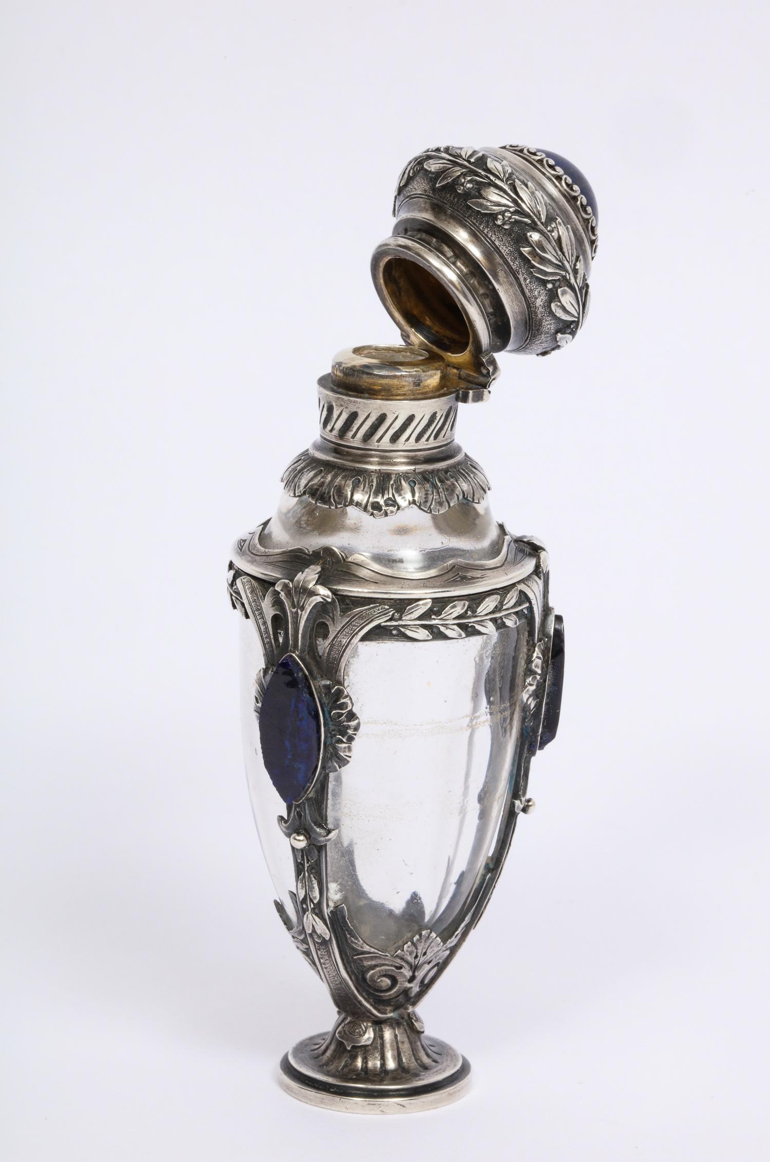 Beautiful French Silver, Lapis Lazuli, and Glass Perfume Scent Bottle In Good Condition In New York, NY