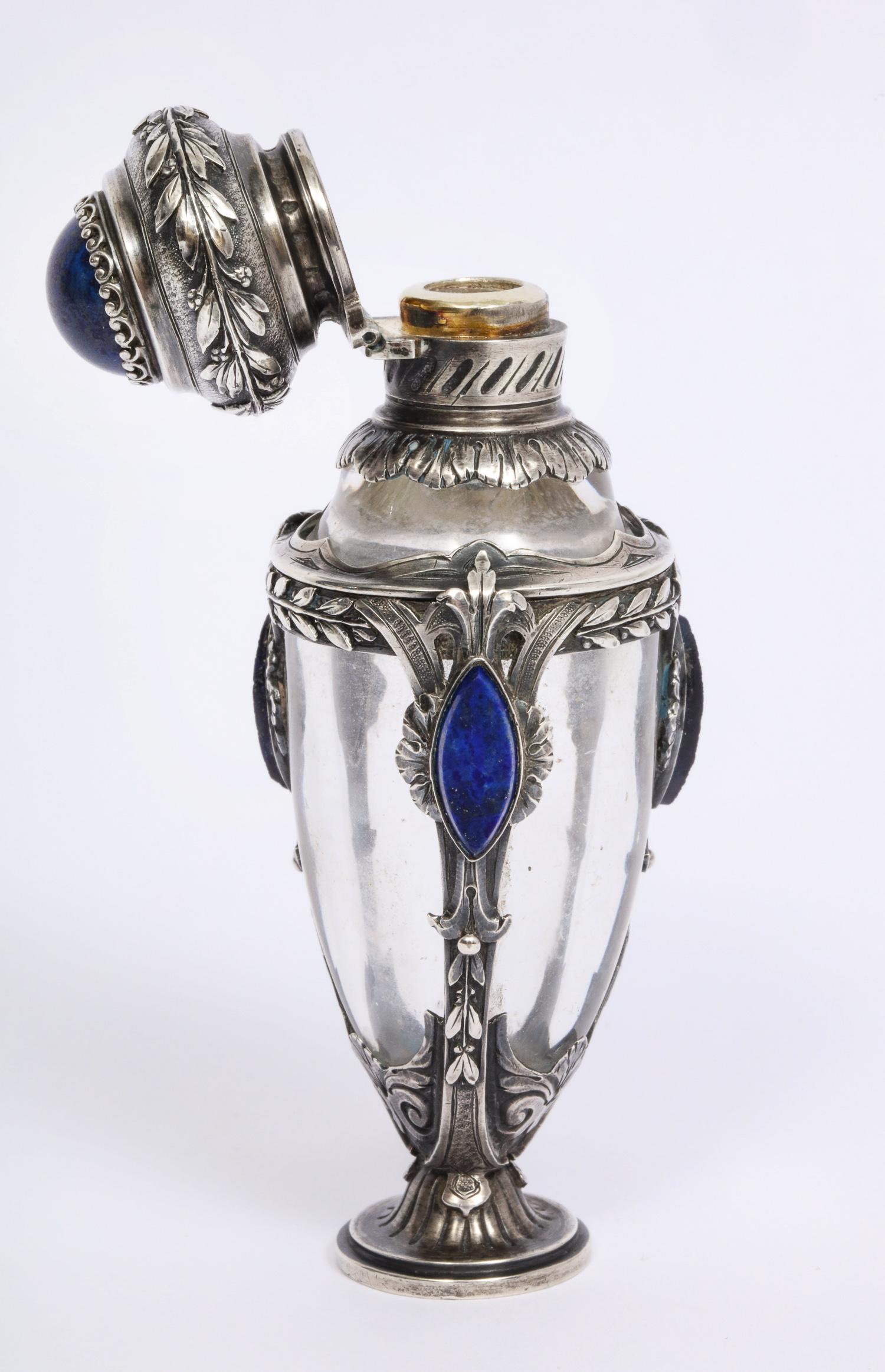 19th Century Beautiful French Silver, Lapis Lazuli, and Glass Perfume Scent Bottle