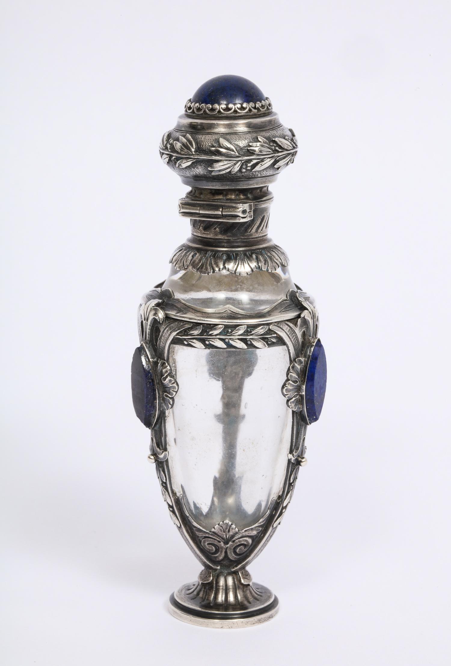 Beautiful French Silver, Lapis Lazuli, and Glass Perfume Scent Bottle 2