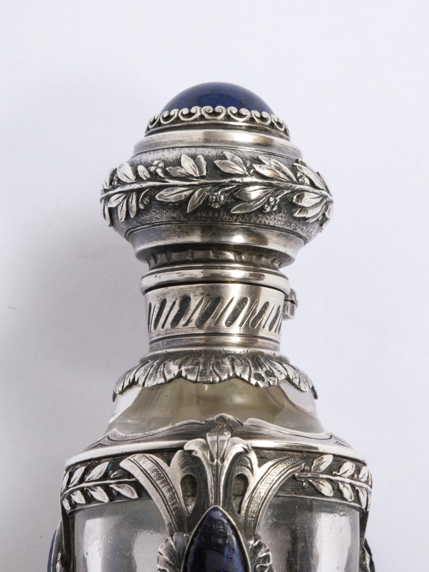 Beautiful French Silver, Lapis Lazuli, and Glass Perfume Scent Bottle 5