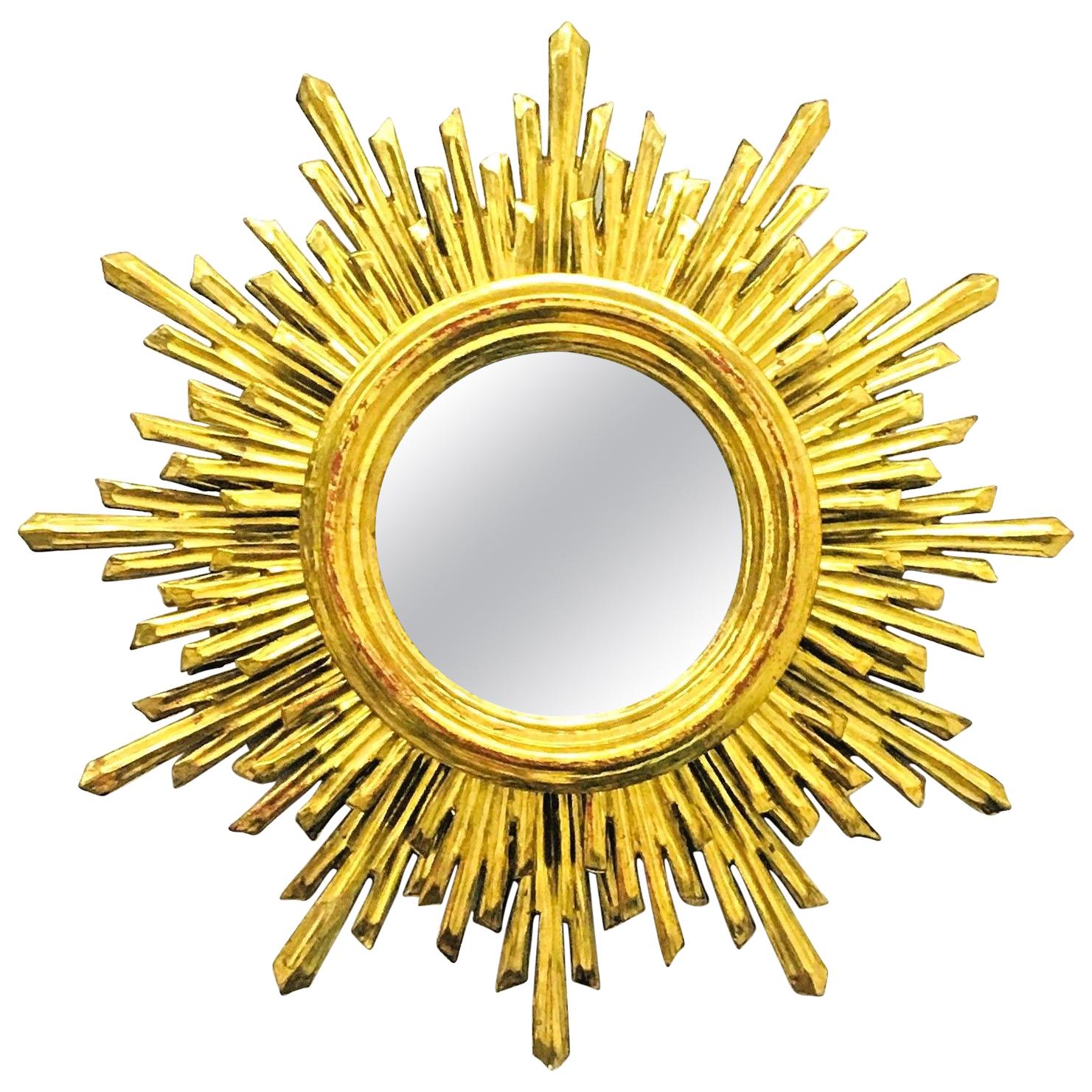 Beautiful French Starburst Sunburst Gilded Wood Mirror, circa 1960s