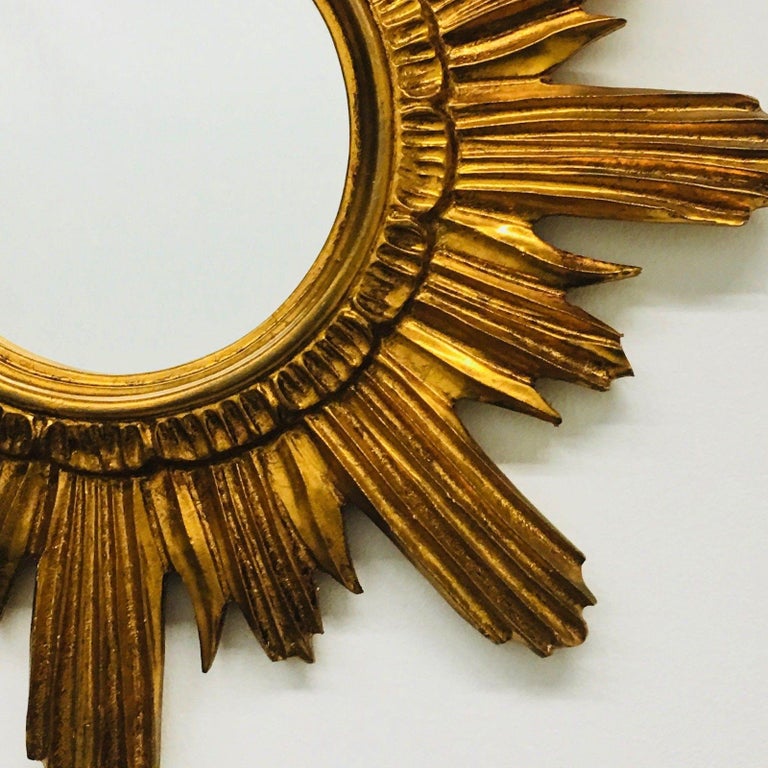 Beautiful French Sunburst Starburst Mirror Wood Stucco Circa 1960s