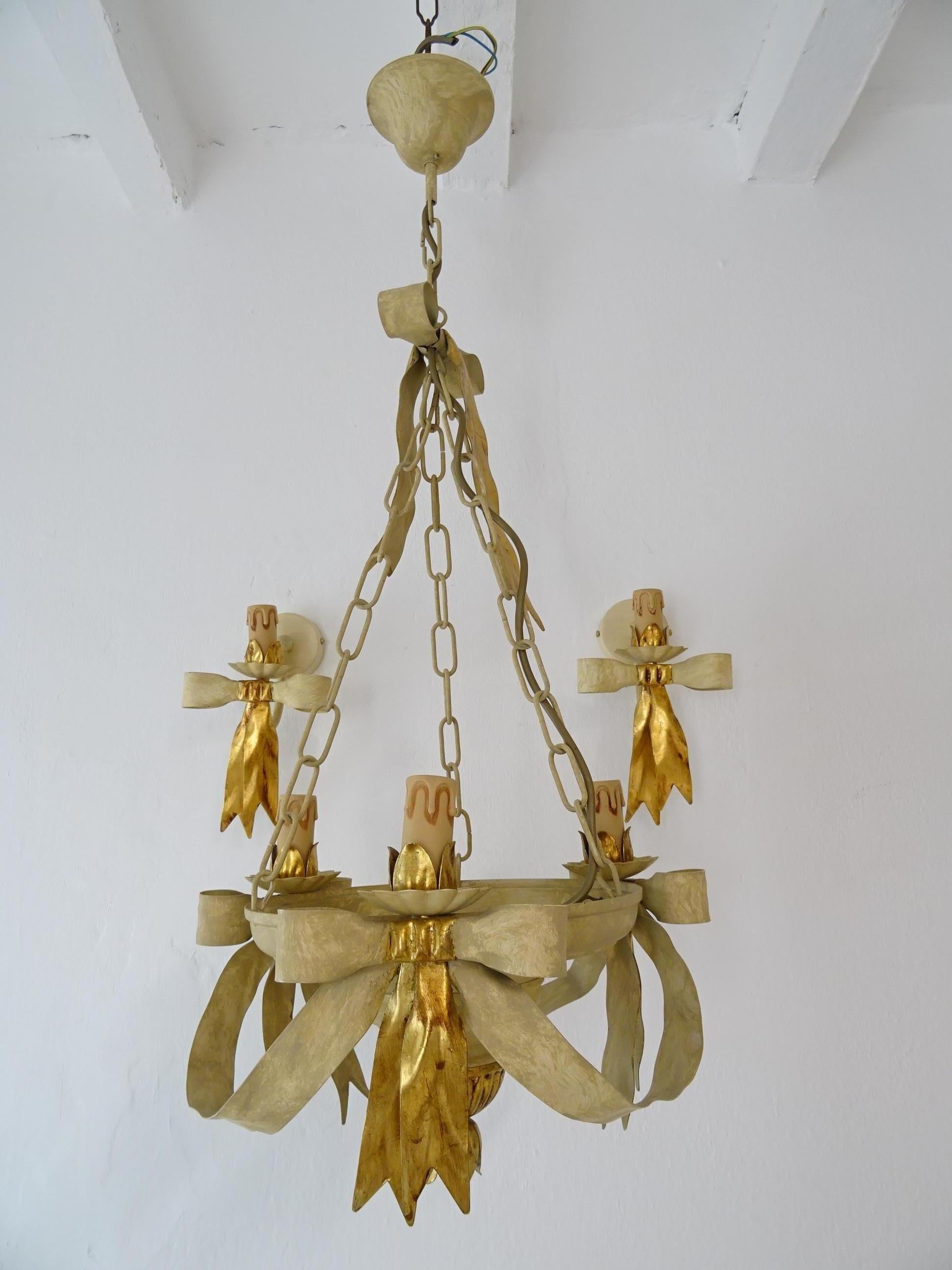 Tôle Beautiful French Tole Gold Bows Chandelier, circa 1940 Never Used