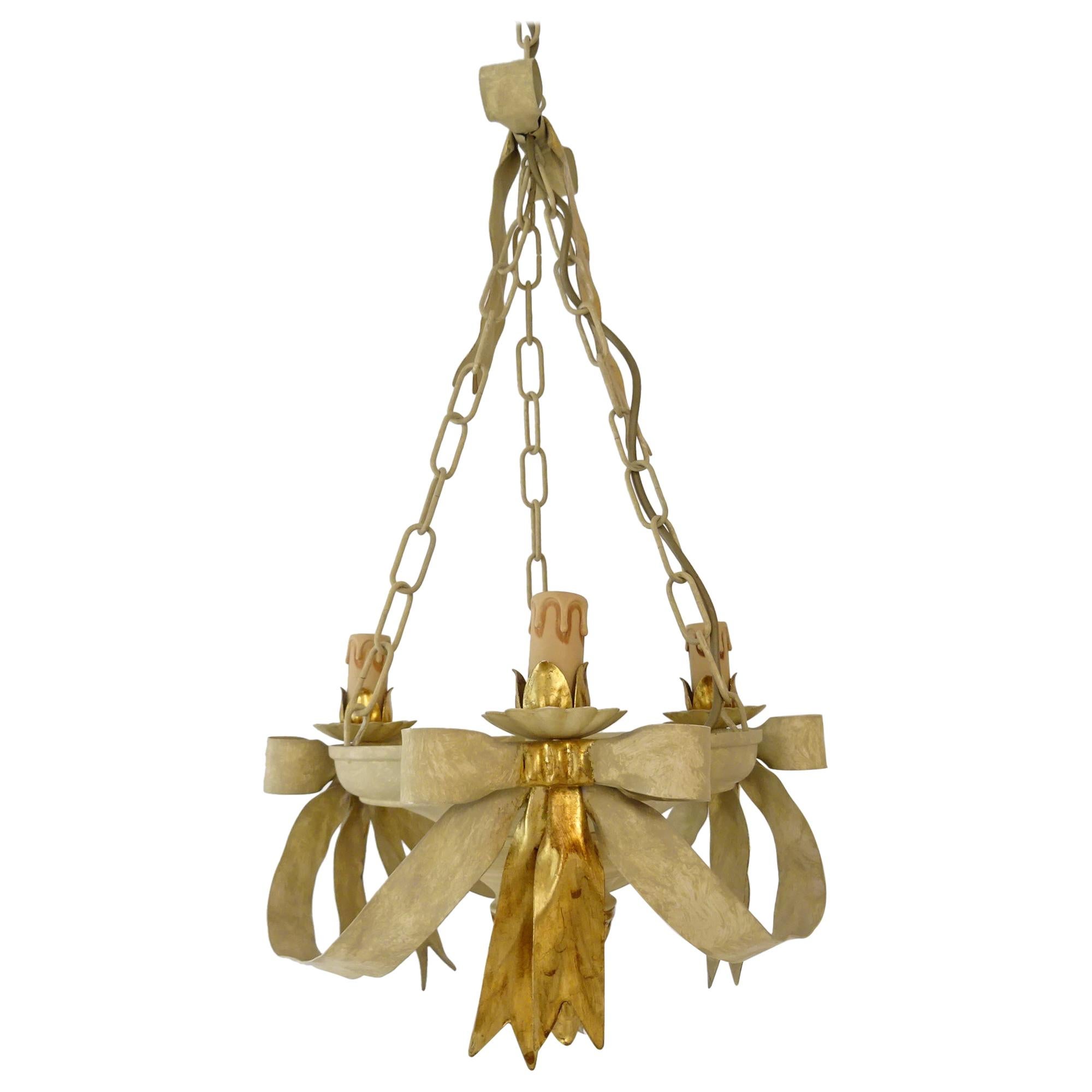 Beautiful French Tole Gold Bows Chandelier, circa 1940 Never Used