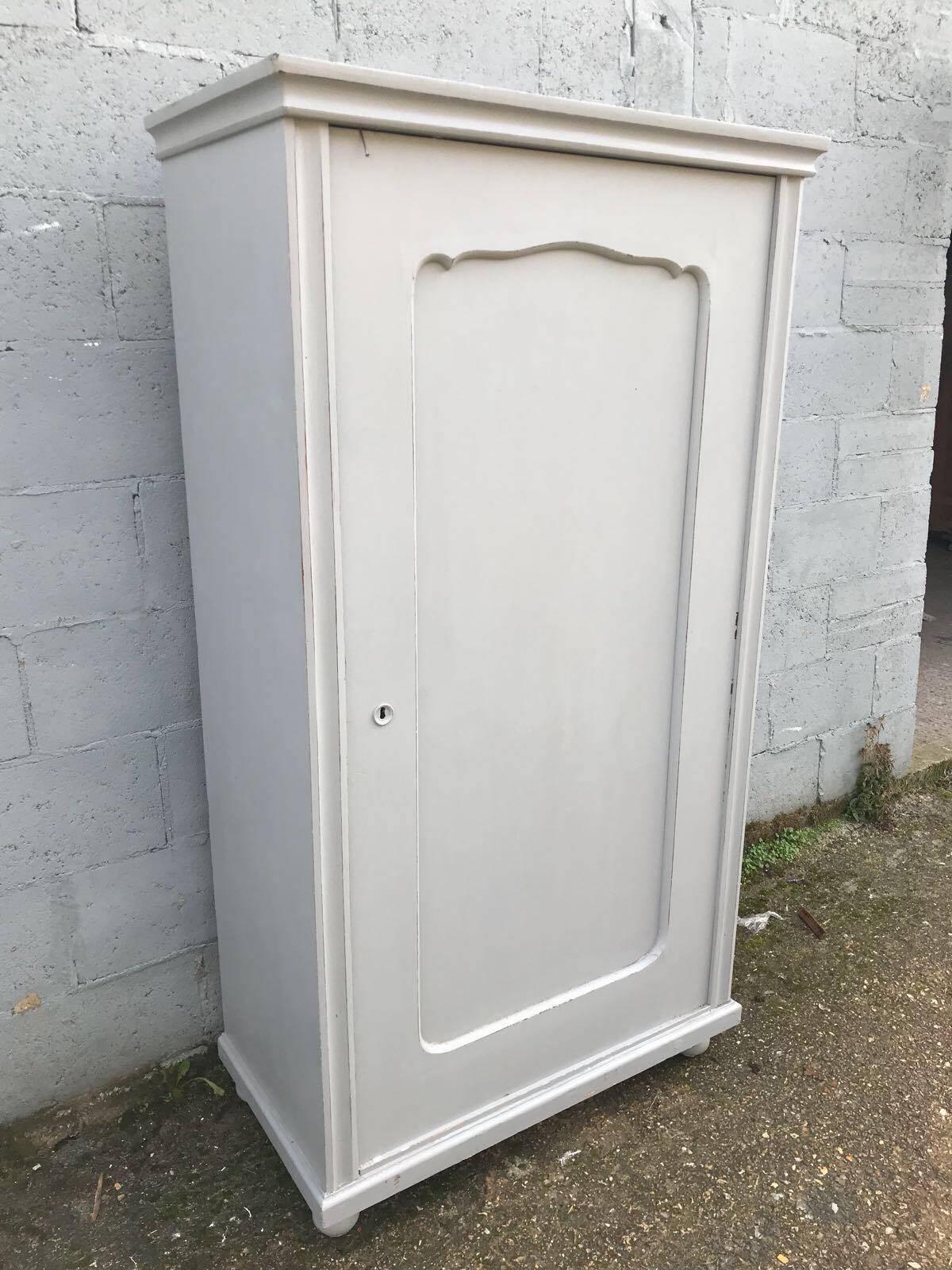 This is a beautiful French larder/cupboard or wardrobe.
It's been painted in grey colour, slightly distressed.
Single carved door opens up to good storage. Can be fitted with shelves or hanging rails as an extra, if needed.
Dimensions- 62cm wide,