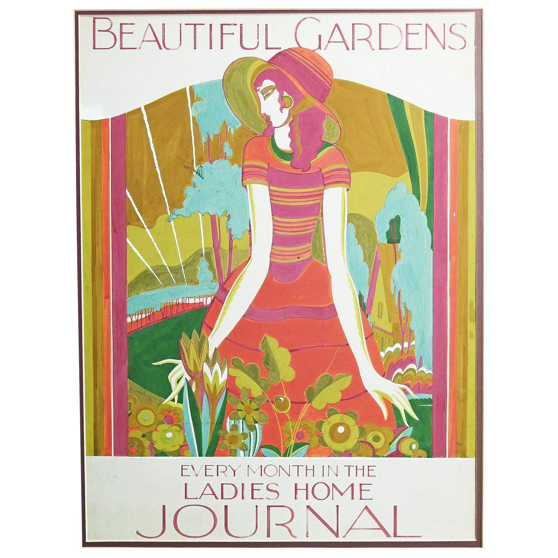 "Beautiful Gardens" Art Deco Painting for Ladies Home Journal, Horn and Hardart For Sale