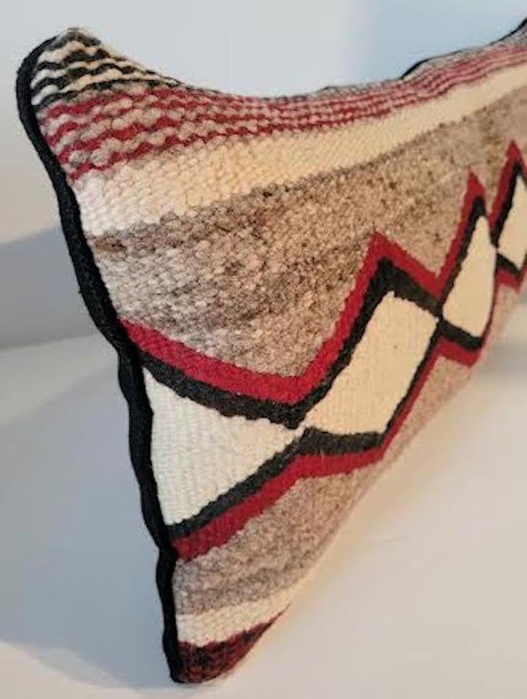Beautiful Geometric Navajo Bolster Pillow. Off White, Taupe, Dark Red and Black. Nice Linen Backing. Feather and Down Insert.