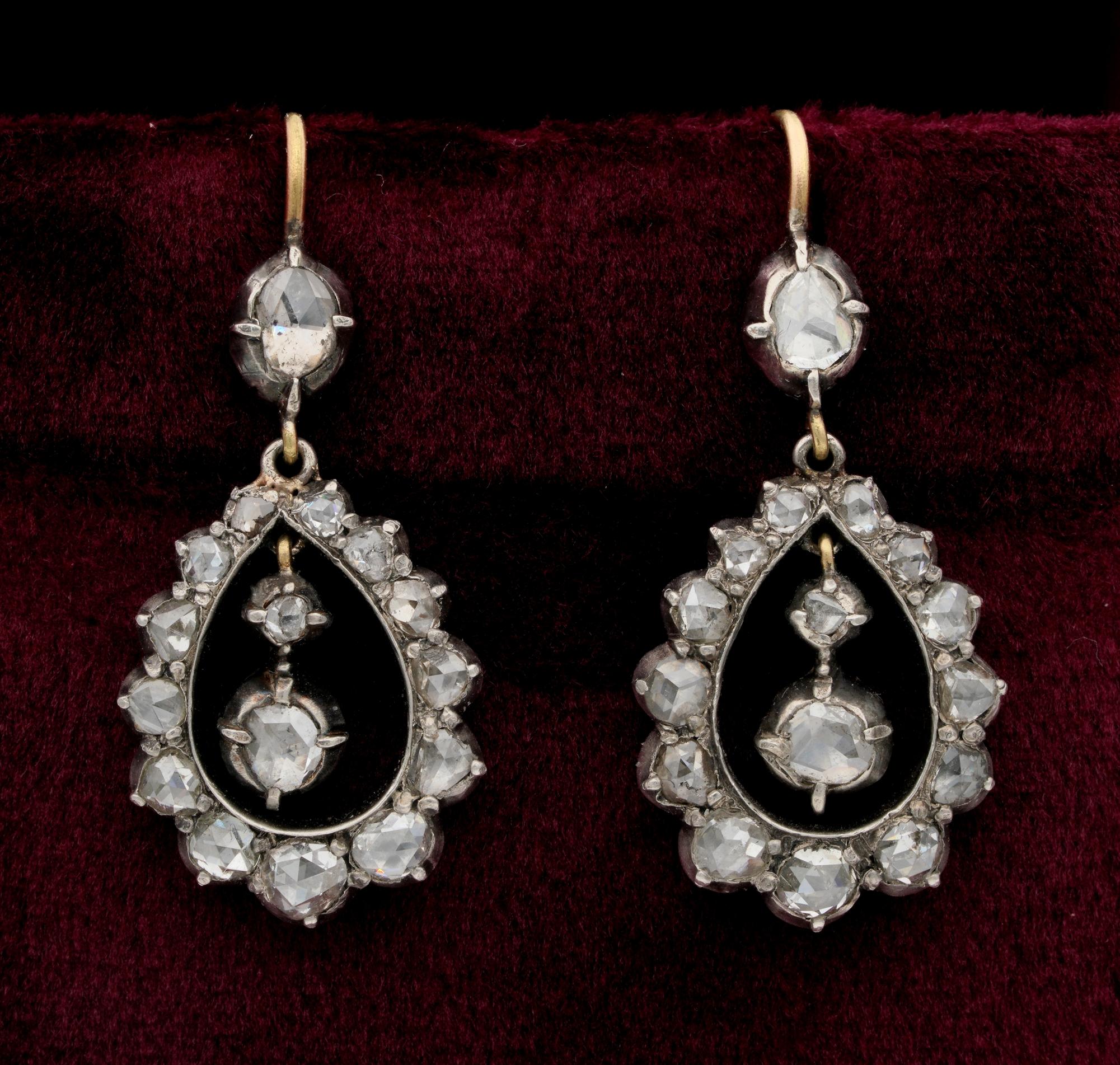 Georgian Treasure

Beautiful Georgian period Diamond drop earrings of lovely design
Close back, hand crafted of solid 15 KT gold topped by silver – tested – 1790/1810 ca
English origin
Articulate to swing on ears attracting and catching the light at