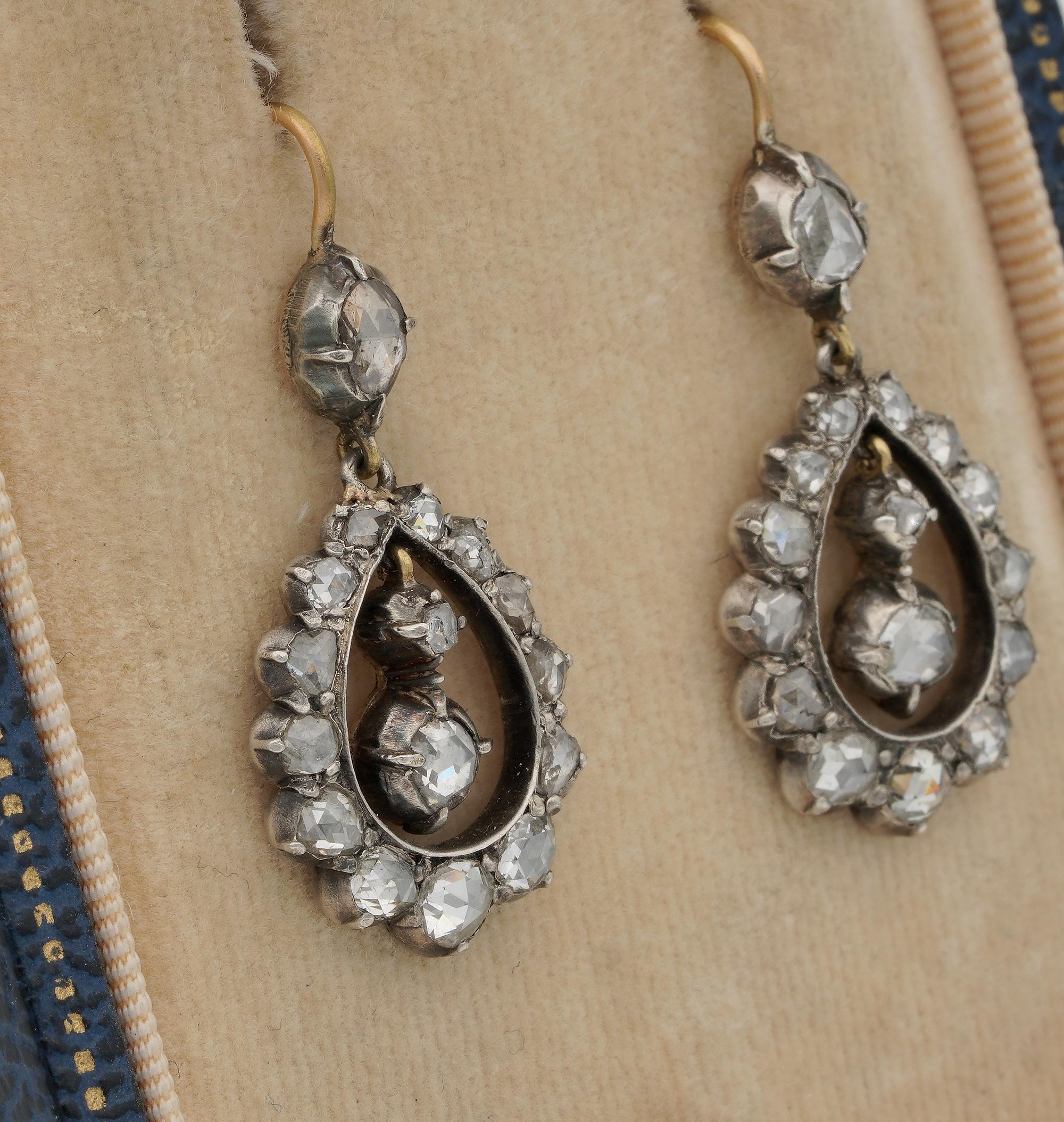 Beautiful Georgian Rose Cut Diamond Drop Earrings In Good Condition For Sale In Napoli, IT