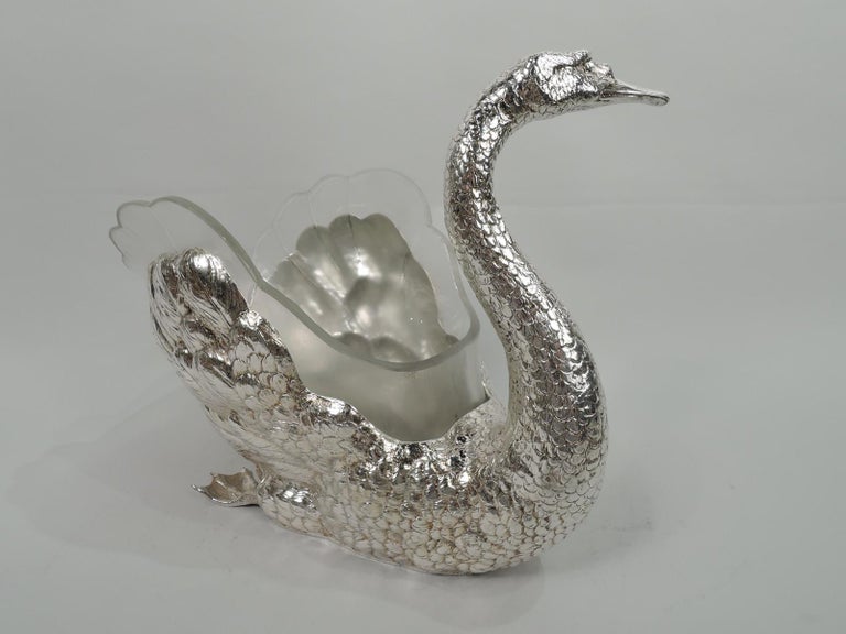 Edwardian Beautiful German Silver Swan Centerpiece Bowl with Rare Glass Liner For Sale