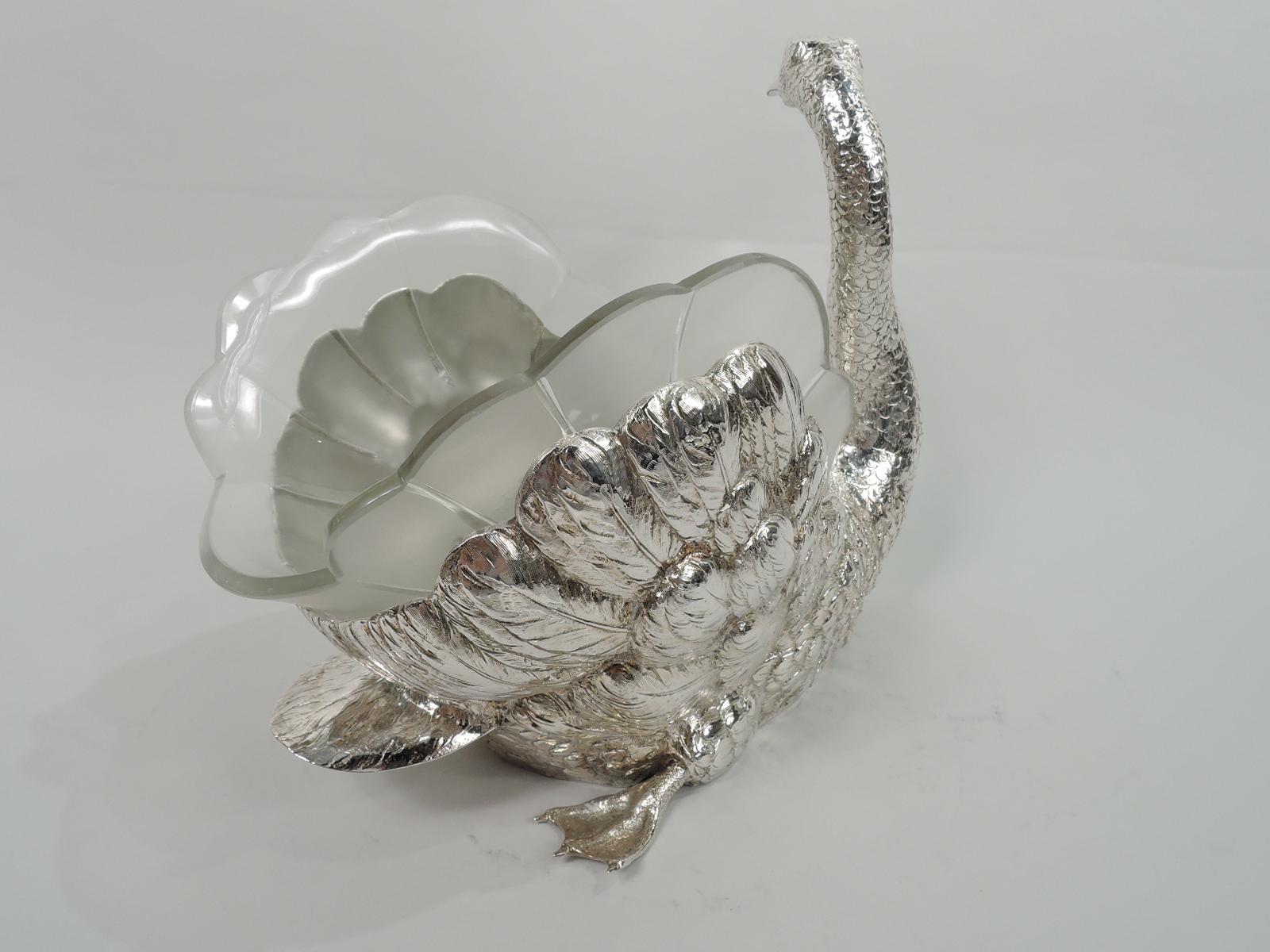 Precioso cuenco de centro de mesa de plata alemana con forma de cisne y un raro revestimiento de cristal Alemán