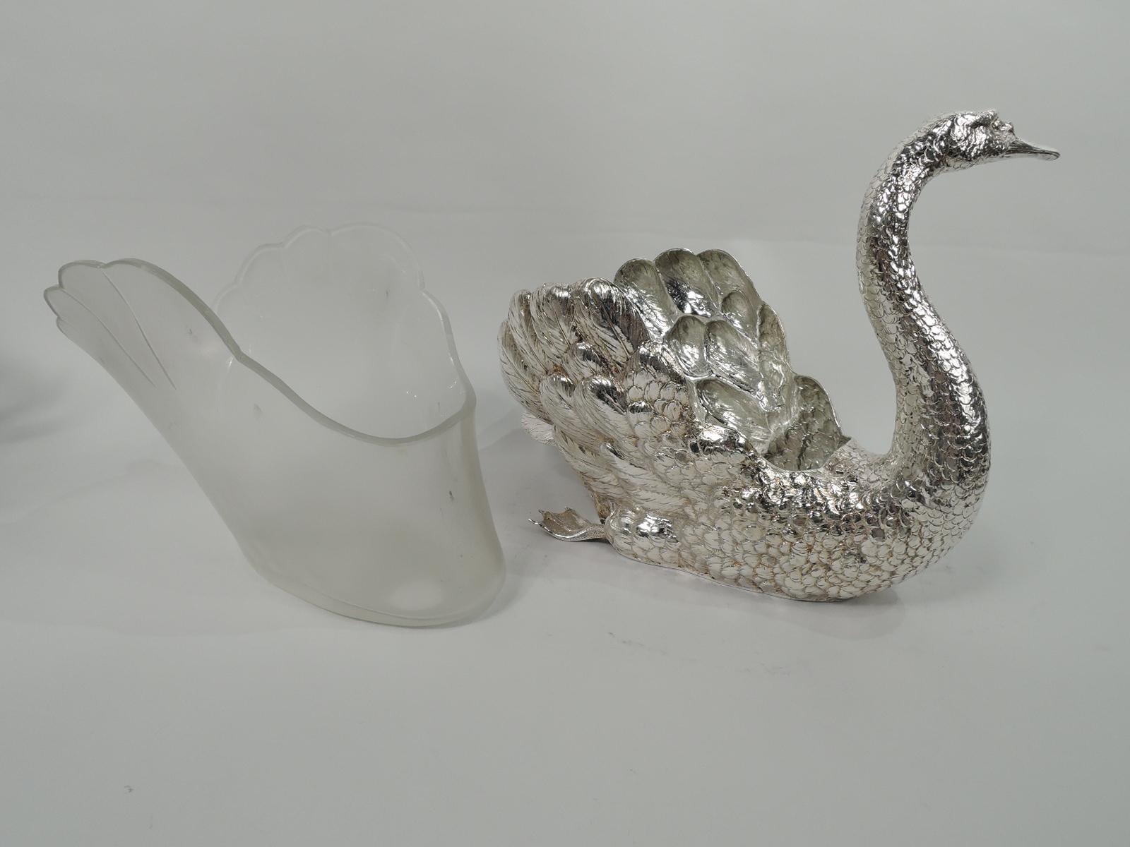 Precioso cuenco de centro de mesa de plata alemana con forma de cisne y un raro revestimiento de cristal Escarchado