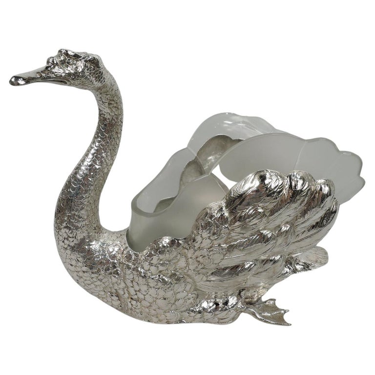 Beautiful German Silver Swan Centerpiece Bowl with Rare Glass Liner For Sale