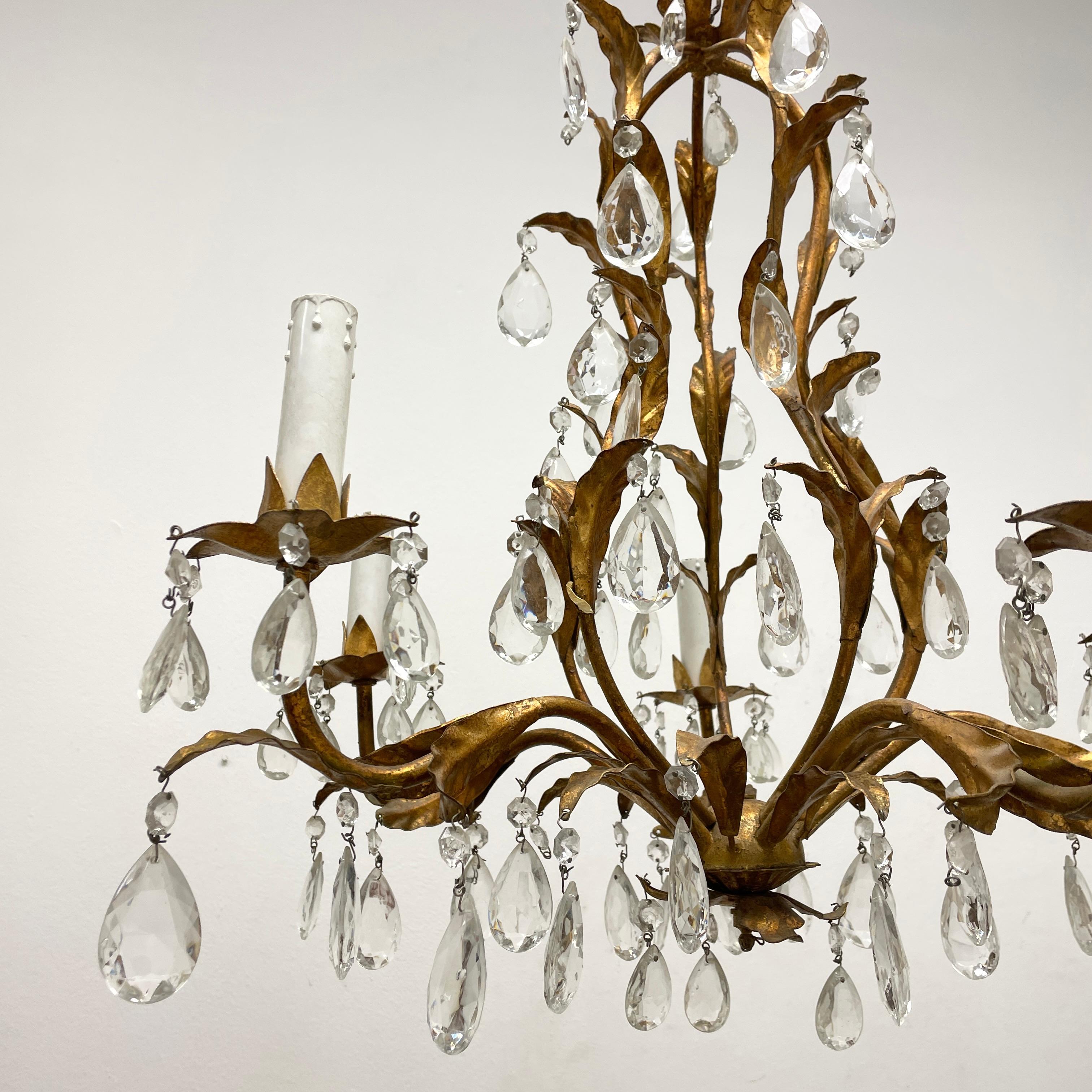 Mid-20th Century Beautiful Gilded and Crystal Chandelier Tole Hollywood Regency Koegel Germany