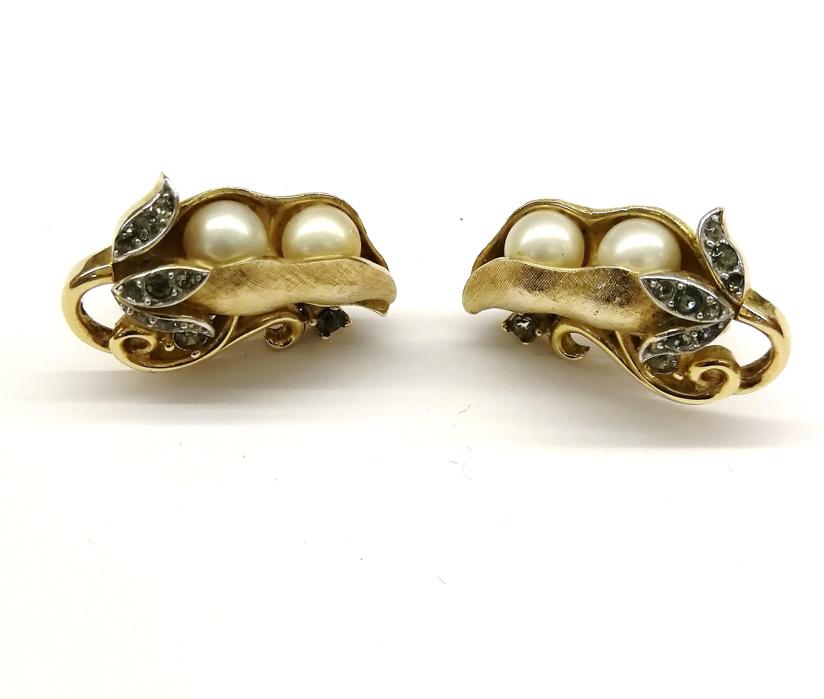 Beautiful gilded metal and paste 'peapod' earrings, Trifari, USA, 1960s 6