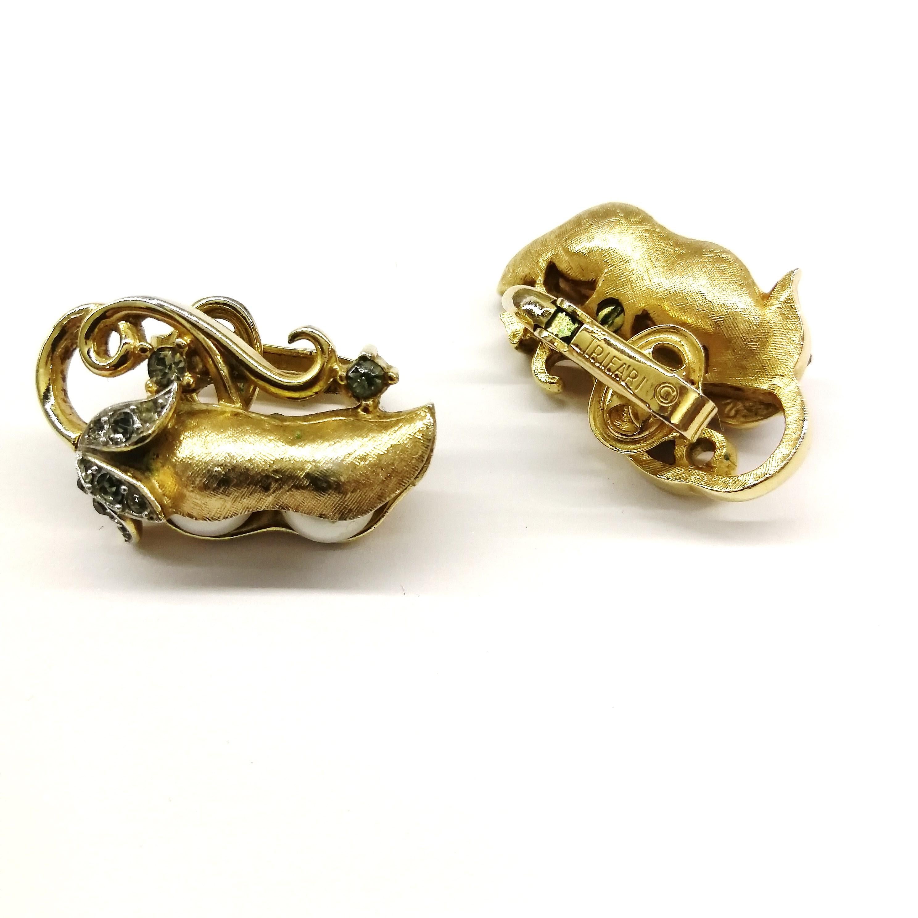 Beautiful gilded metal and paste 'peapod' earrings, Trifari, USA, 1960s 1
