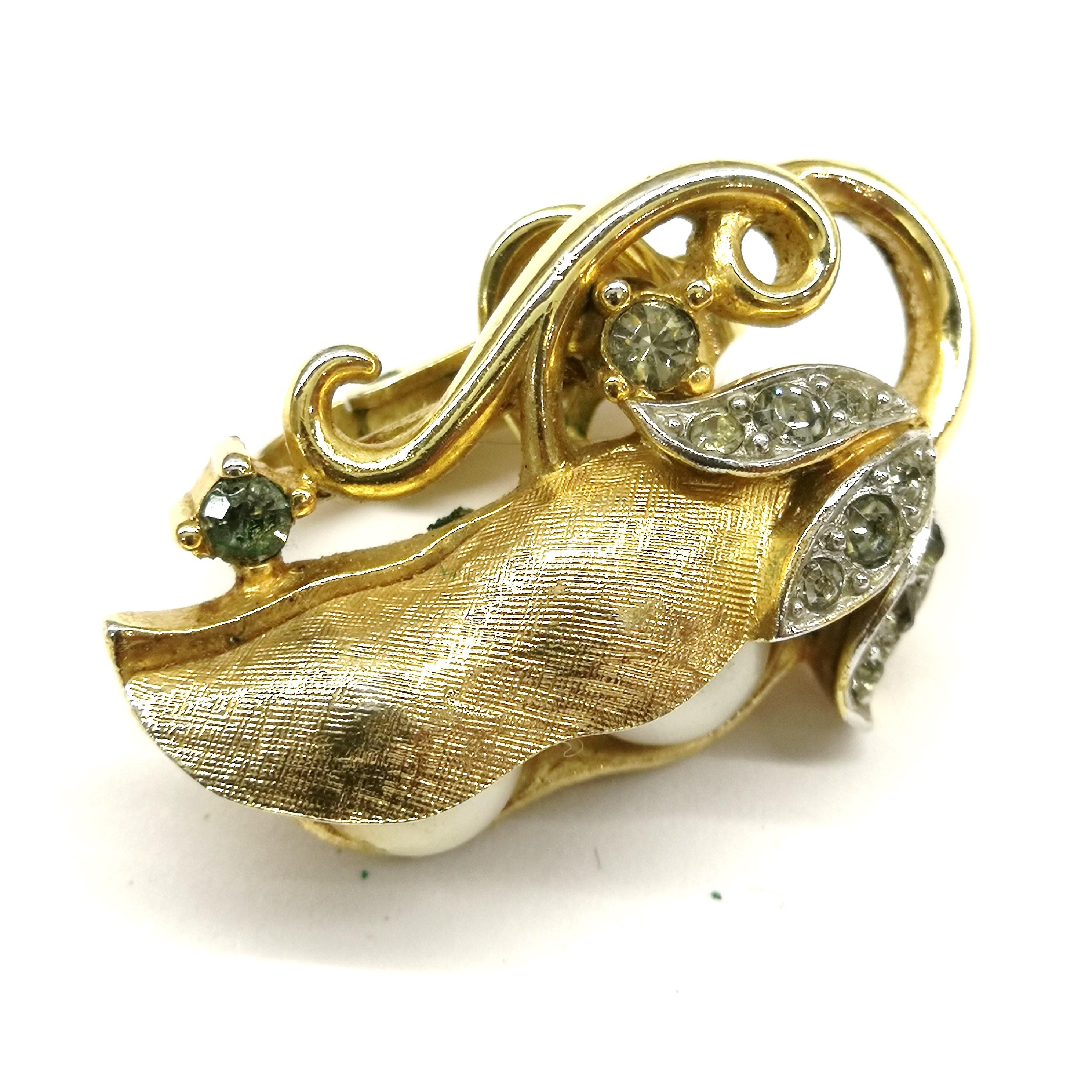 Beautiful gilded metal and paste 'peapod' earrings, Trifari, USA, 1960s 3