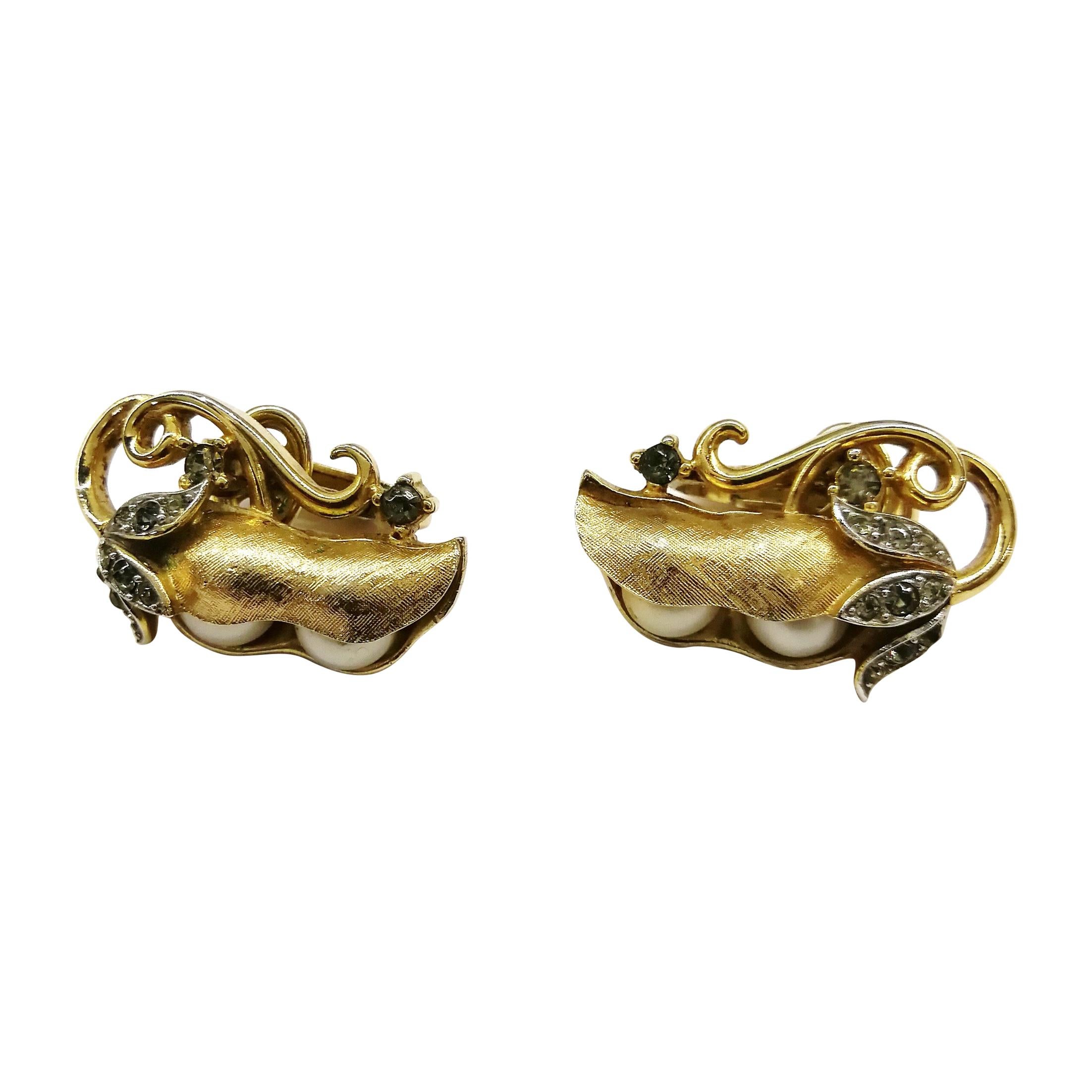 Beautiful gilded metal and paste 'peapod' earrings, Trifari, USA, 1960s