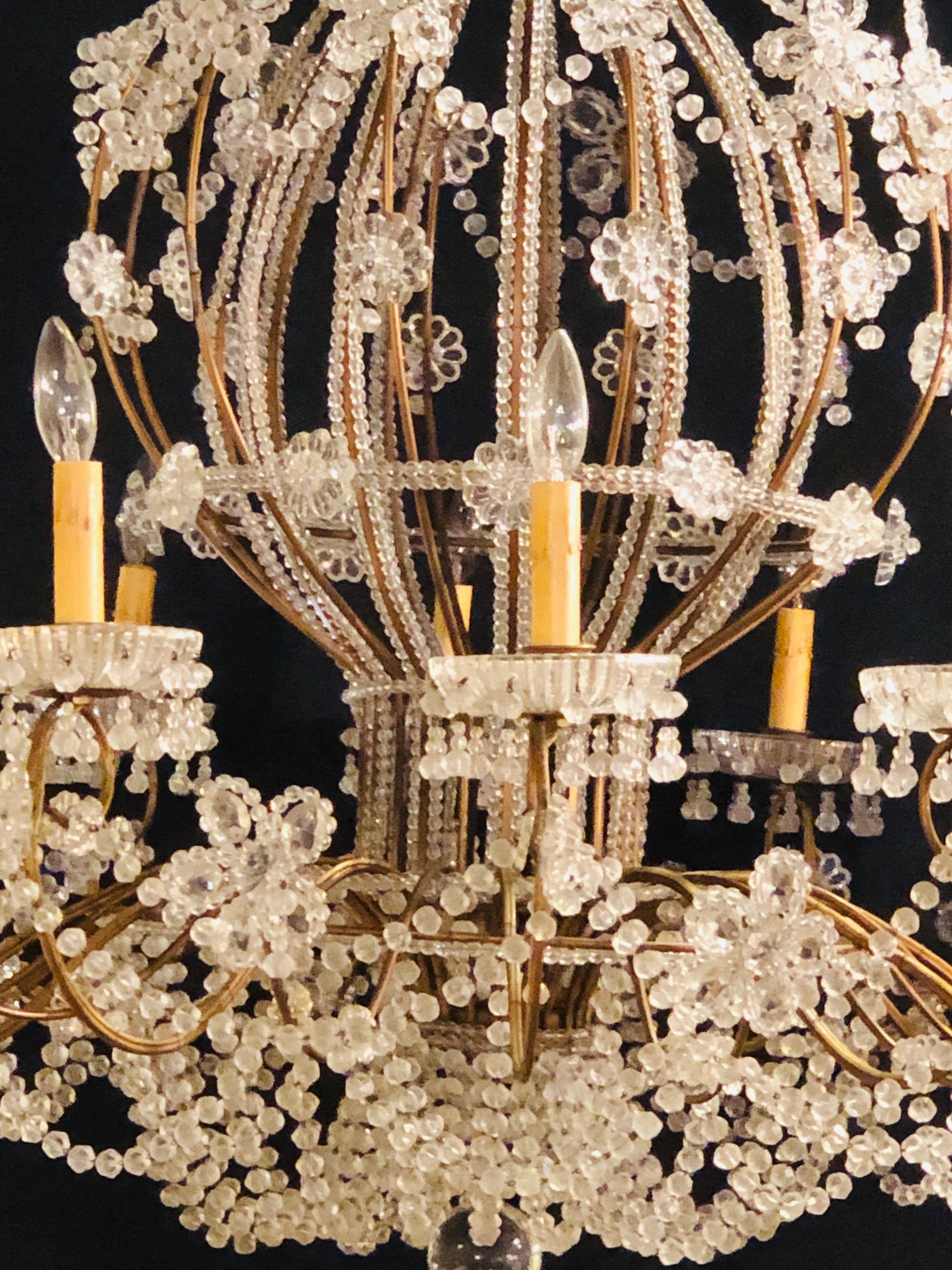 Beautiful Gilt Iron 12-Light Chandelier with Great Crystal and Bead Decoration In Good Condition In Stamford, CT