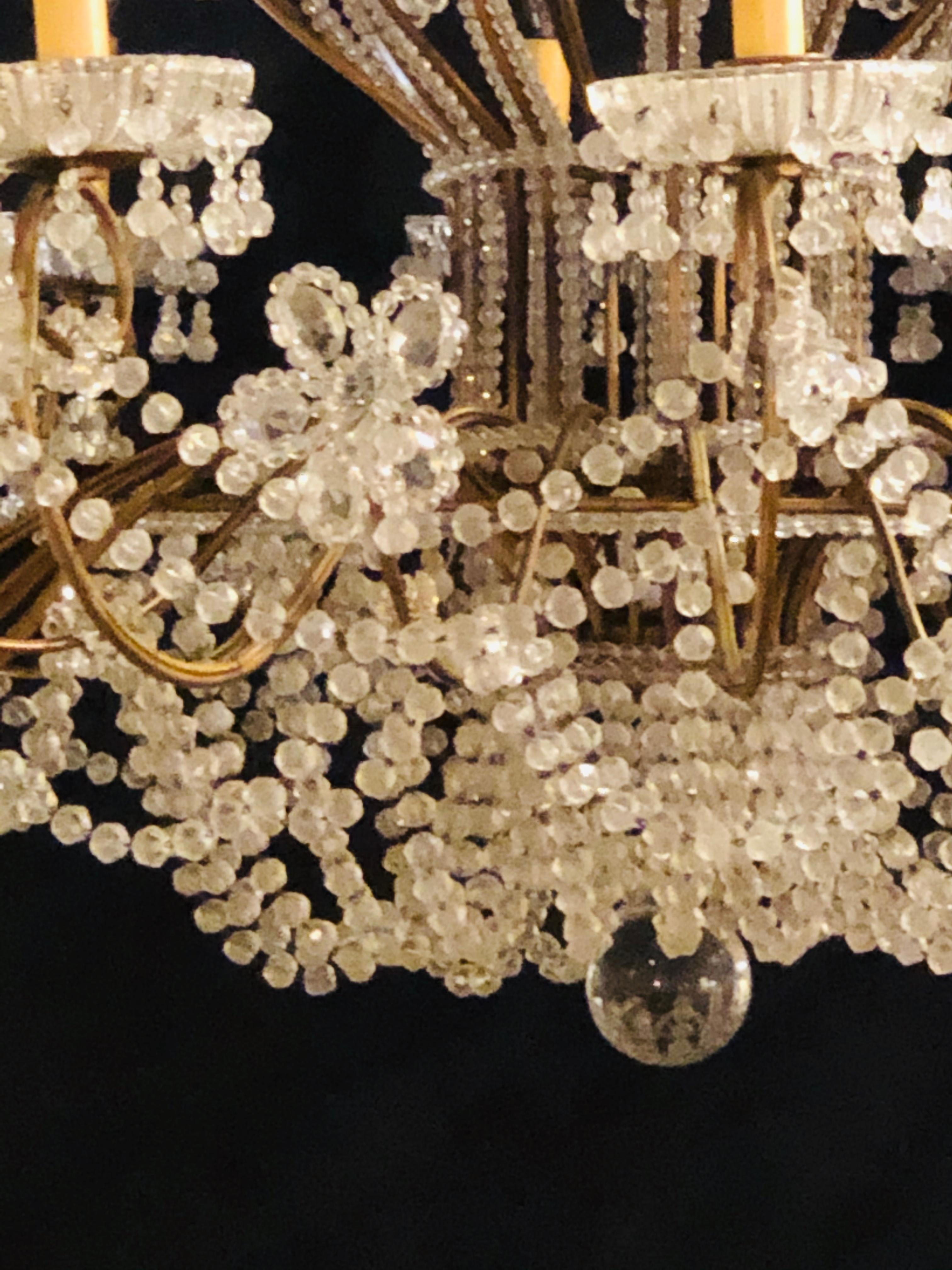 Beautiful Gilt Iron 12-Light Chandelier with Great Crystal and Bead Decoration 1