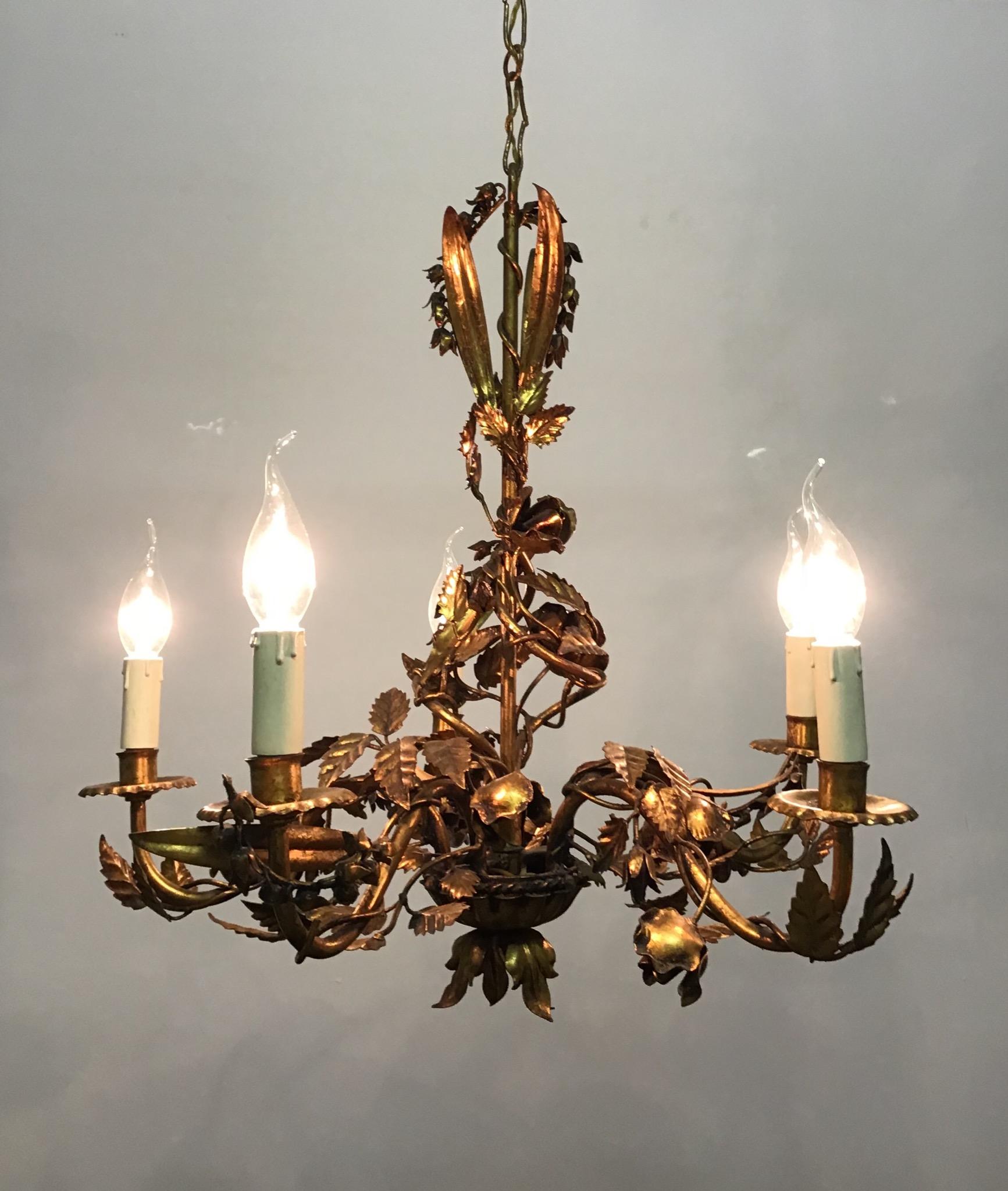 Art Deco  Italian Gilt Iron Leaves and Roses Chandelier, circa 1940s For Sale