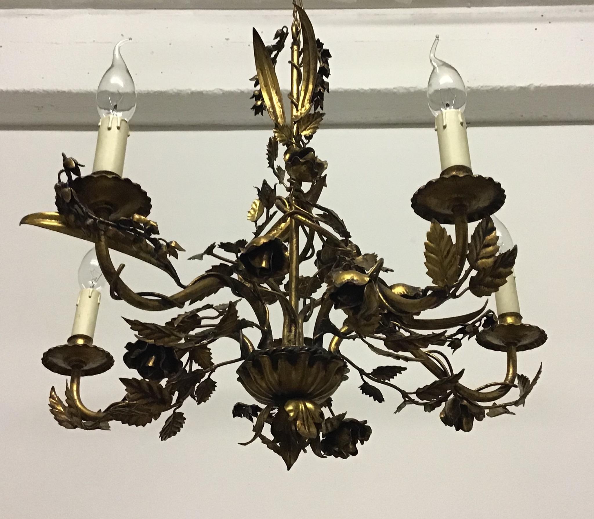  Italian Gilt Iron Leaves and Roses Chandelier, circa 1940s For Sale 4