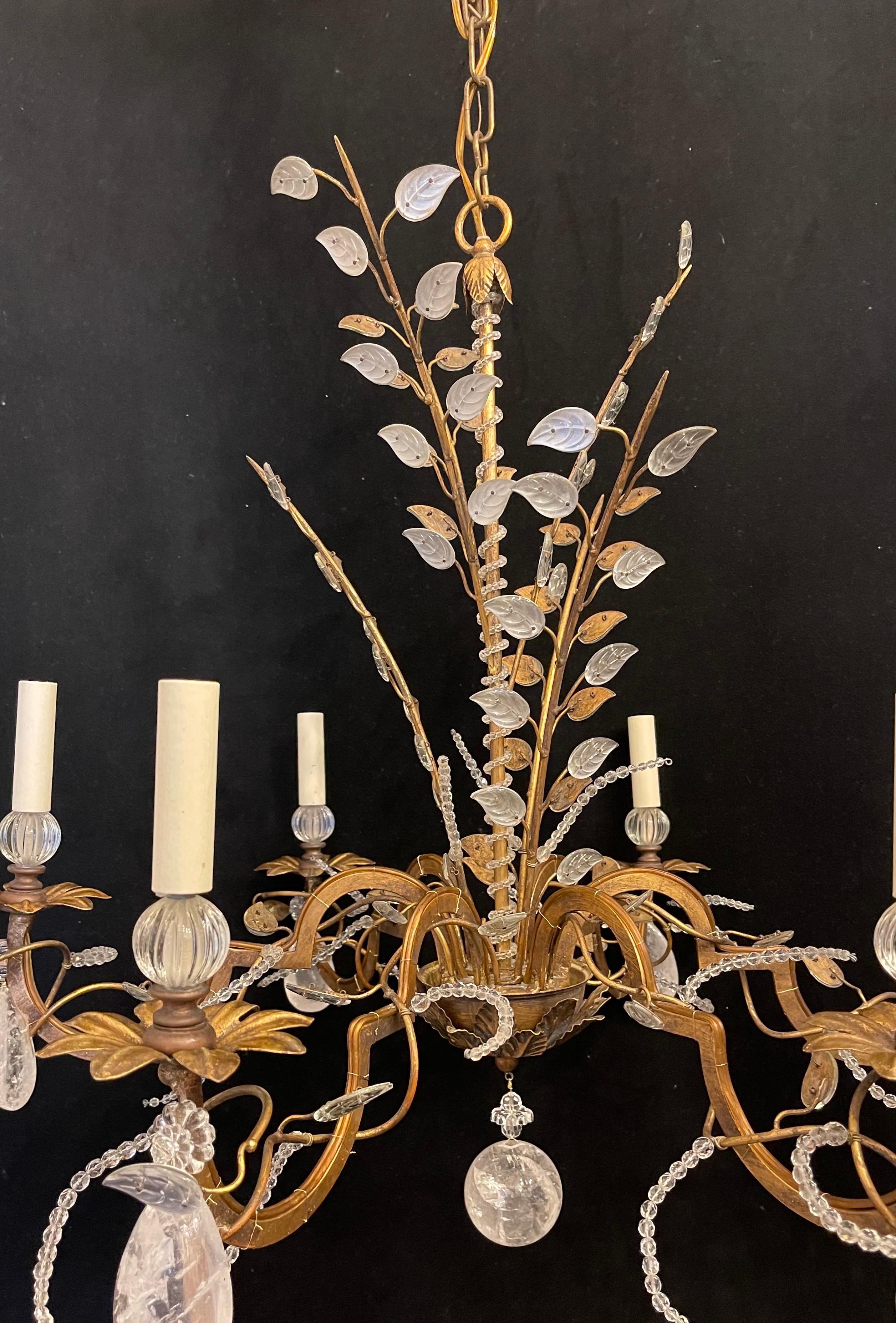 A Beautiful Gold Gilt With Rock Crystal And Crystal Leaf Basket Spray Form Chandelier By Vaughan Designs England, In The Manner Of Maison Baguès & Jansen With 6 Candelabra Lights Each Taking A Max Of 40 Watts Per Socket.