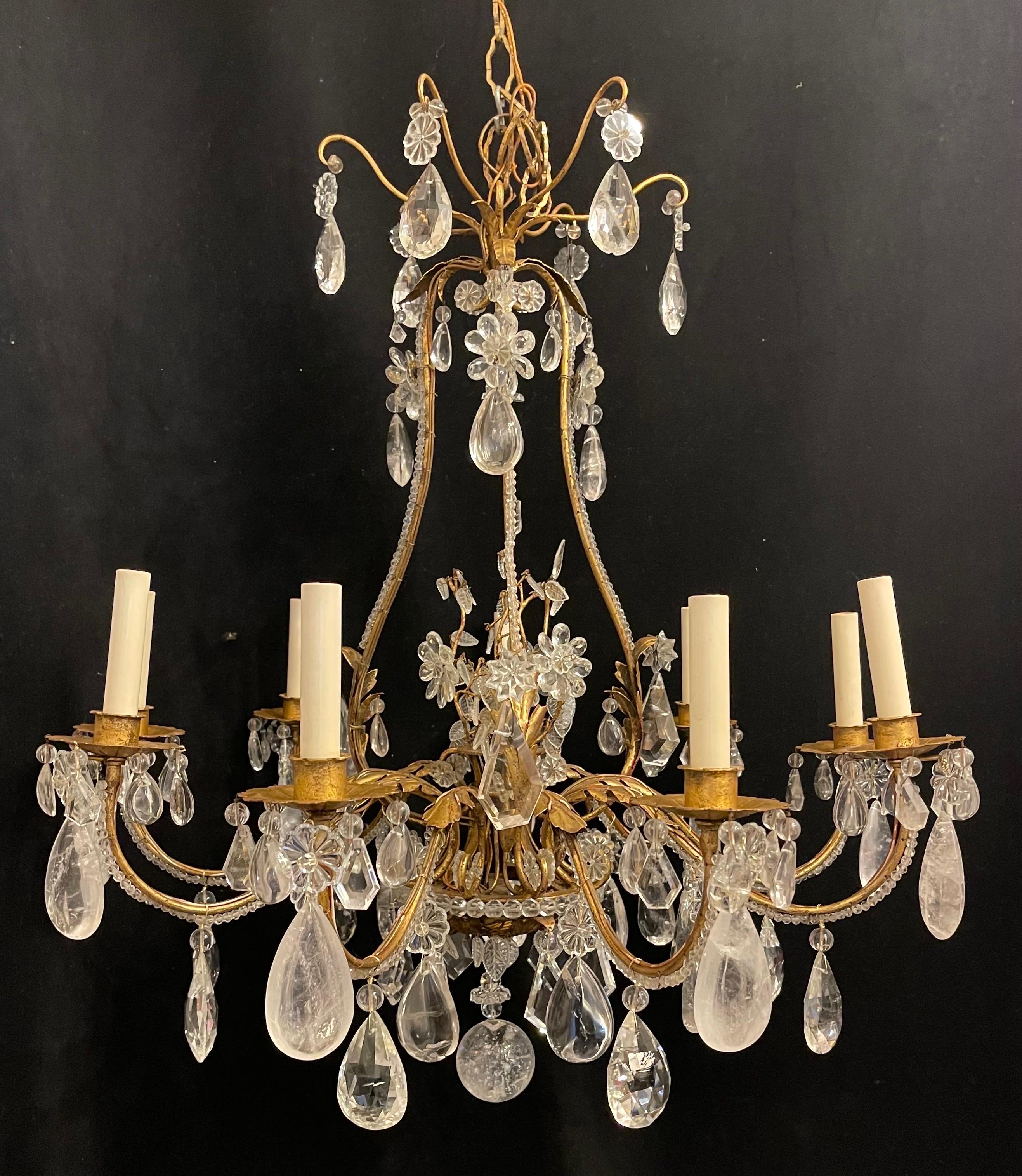 A Beautiful Gilt Rock Crystal Leaf Basket Form Chandelier In The Manner Of, Vaughan, Baguès, Jansen This Chandelier Has 9 Candelabra Lights And Comes Ready To Install With Chain Canopy And Mounting Hardware.