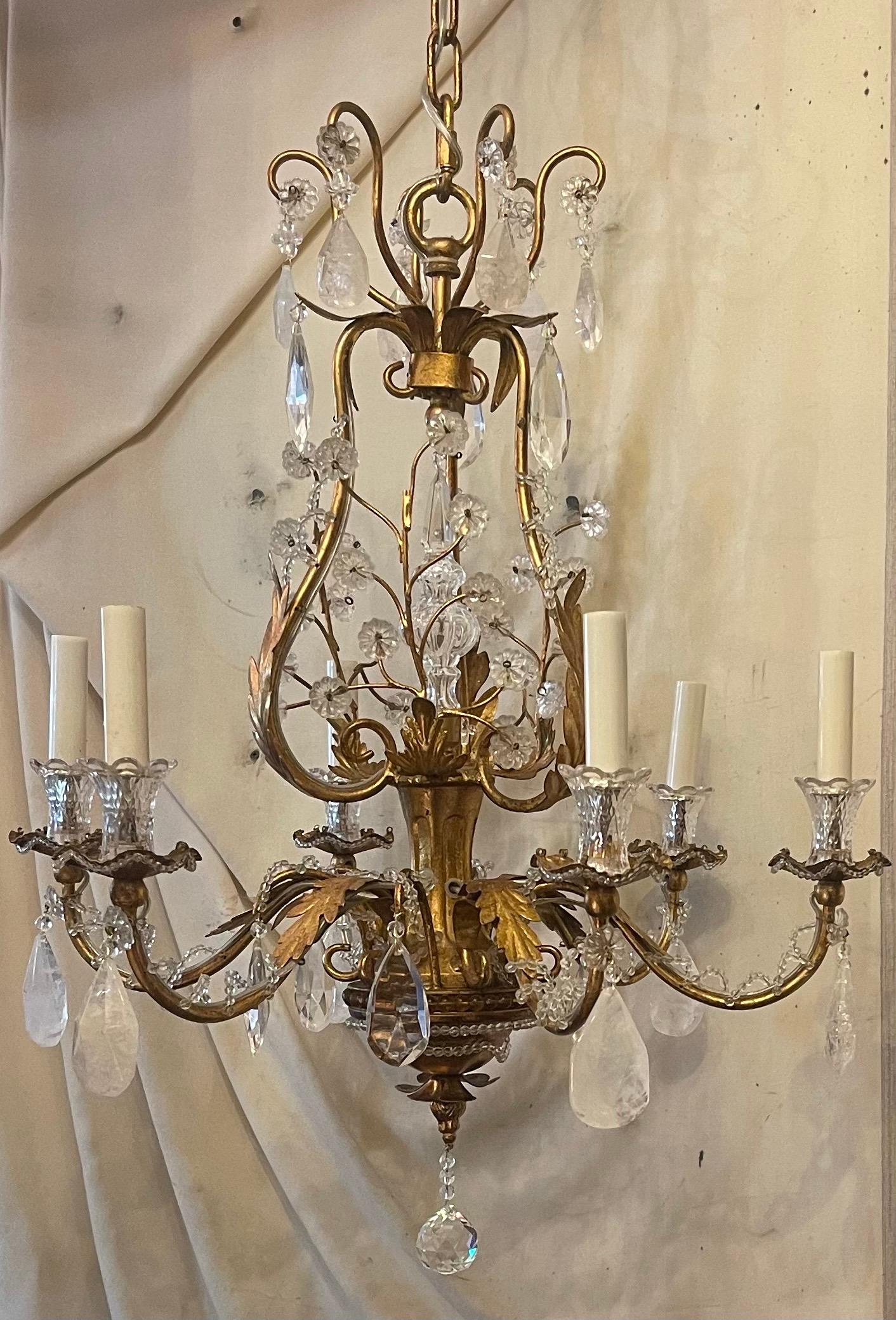 Doré Magnifique lustre en cristal de roche doré à feuilles et fleurs, panier Vaughan Baguès Jansen en vente