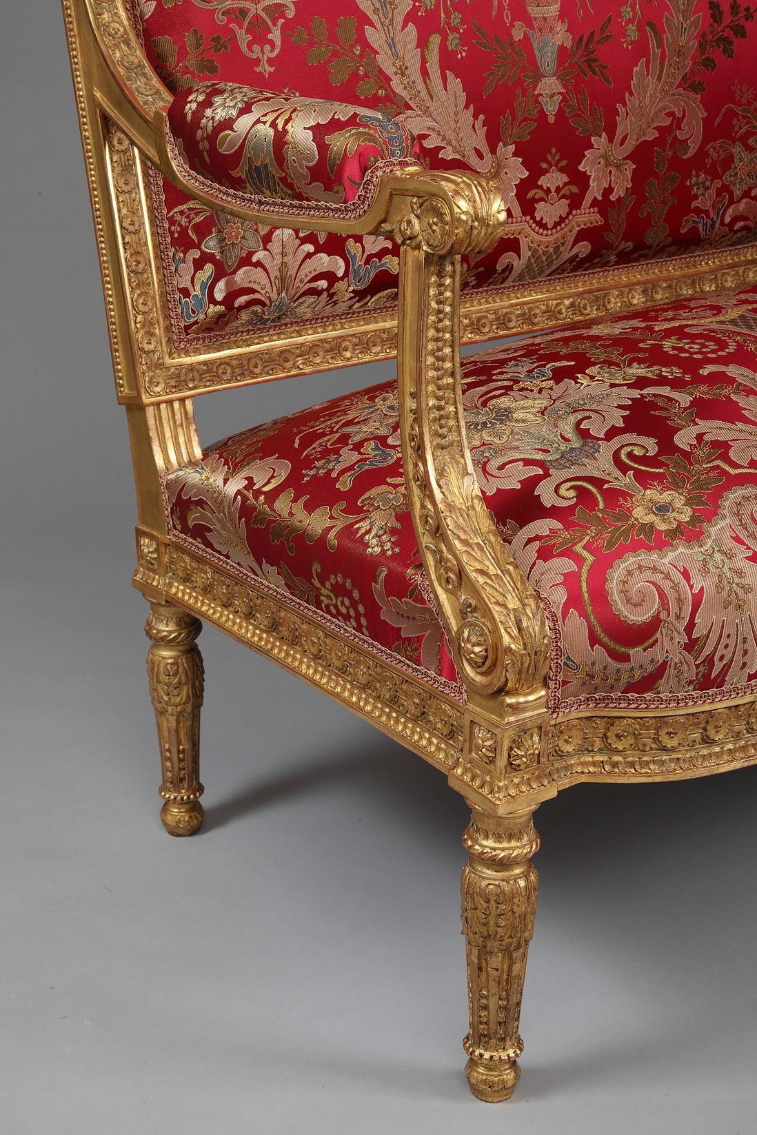 Silk Louis XVI style Giltwood Sofa After a Model by G. Jacob, France, Circa 1880