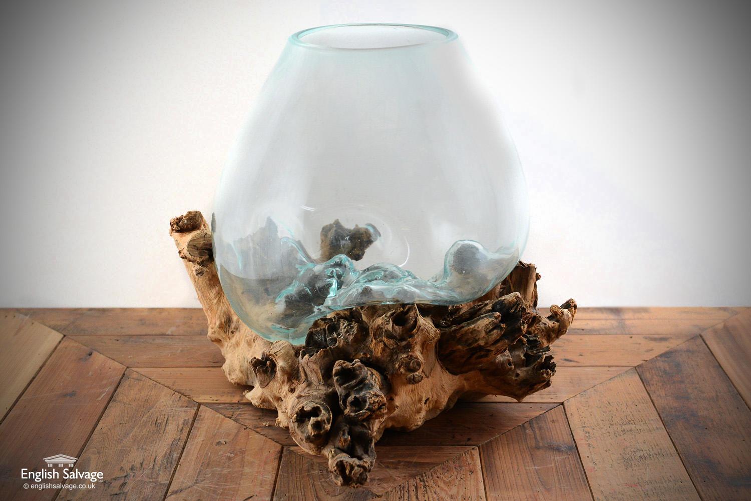 European Beautiful Glass and Teak Ornamental Bowls, 20th Century For Sale