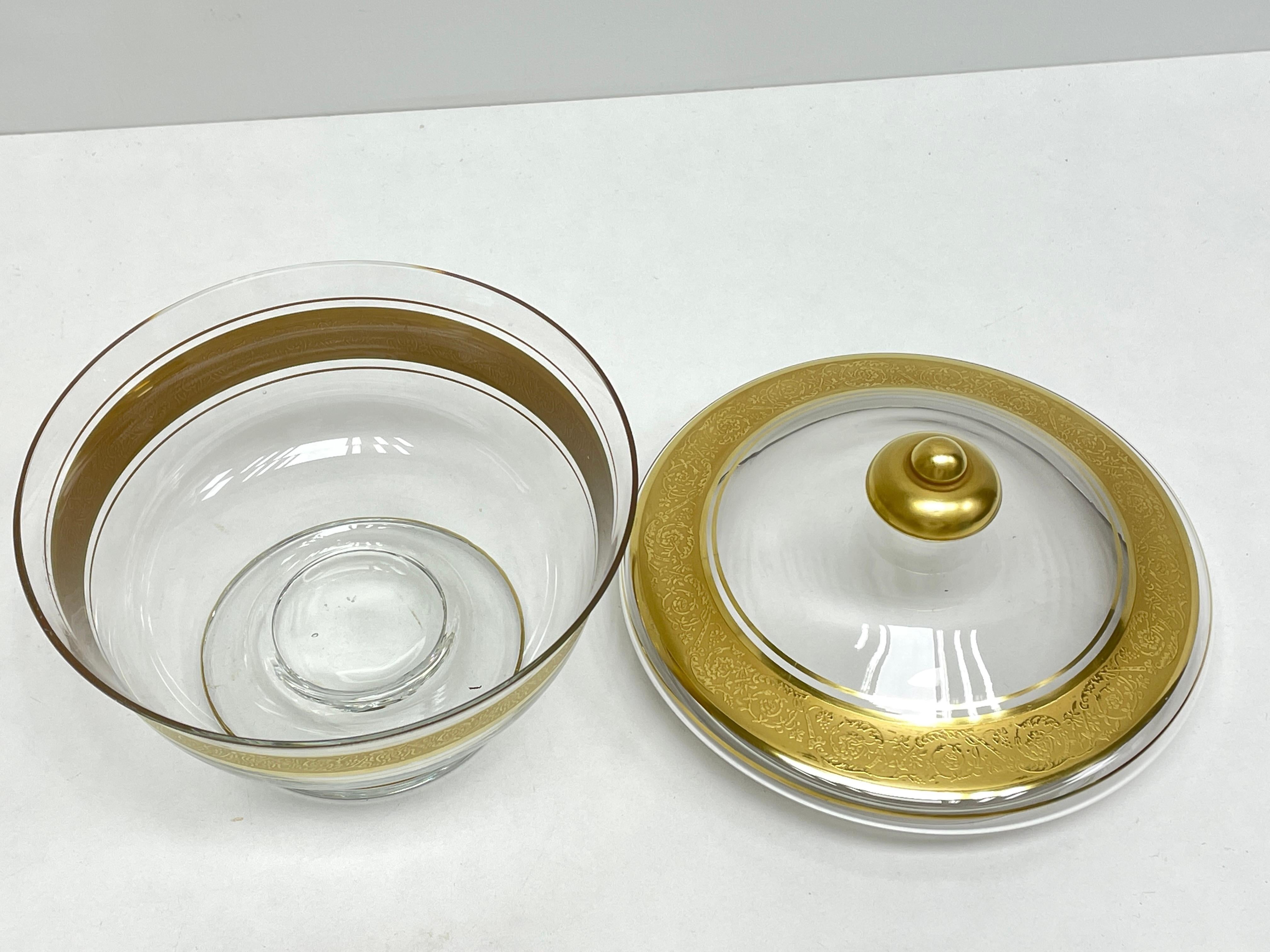 Hollywood Regency Beautiful Glass Bowl, Candy or Cake Bowl with 24k Gold Rim, Moser Glass Carlsbad For Sale