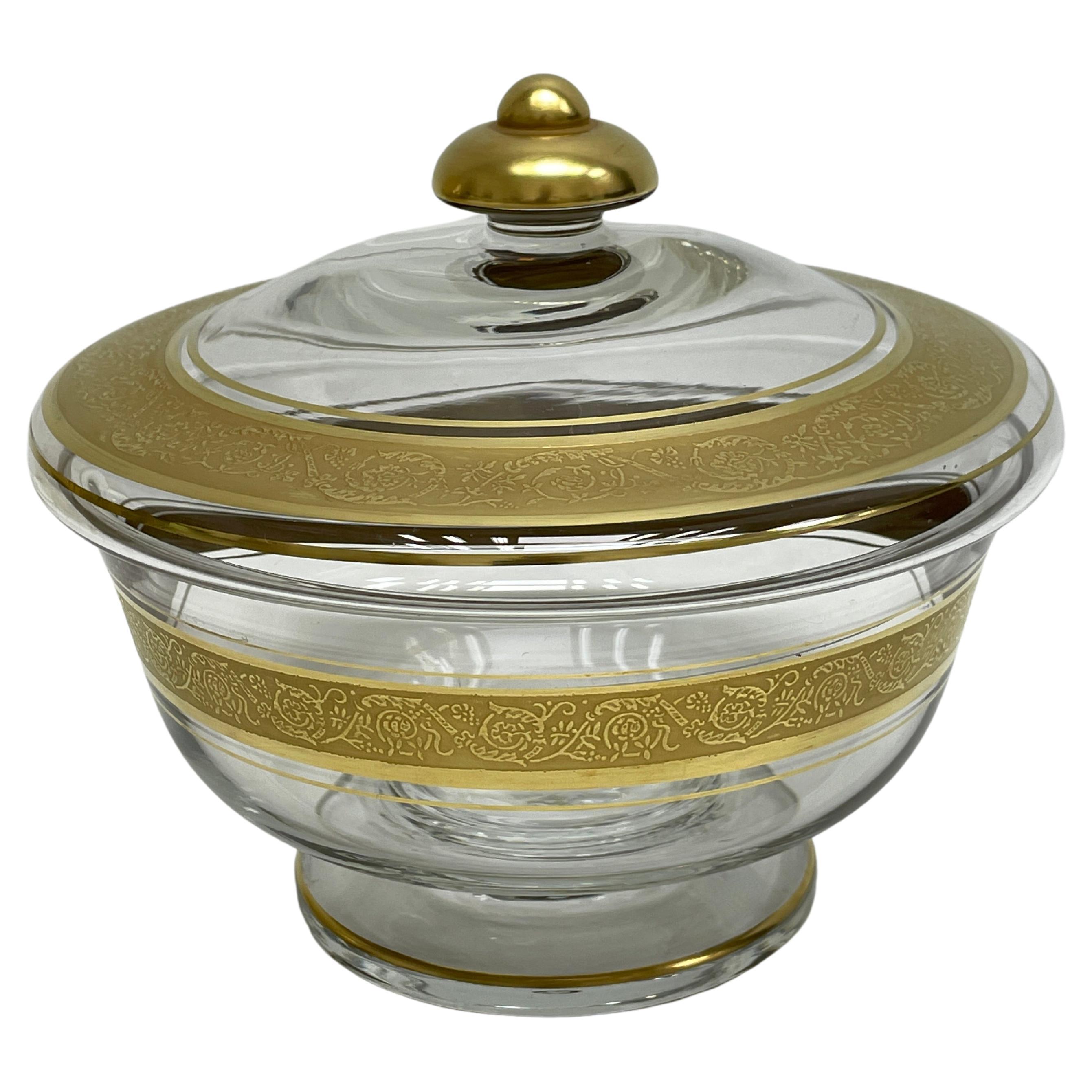 Beautiful Glass Bowl, Candy or Cake Bowl with 24k Gold Rim, Moser Glass Carlsbad For Sale