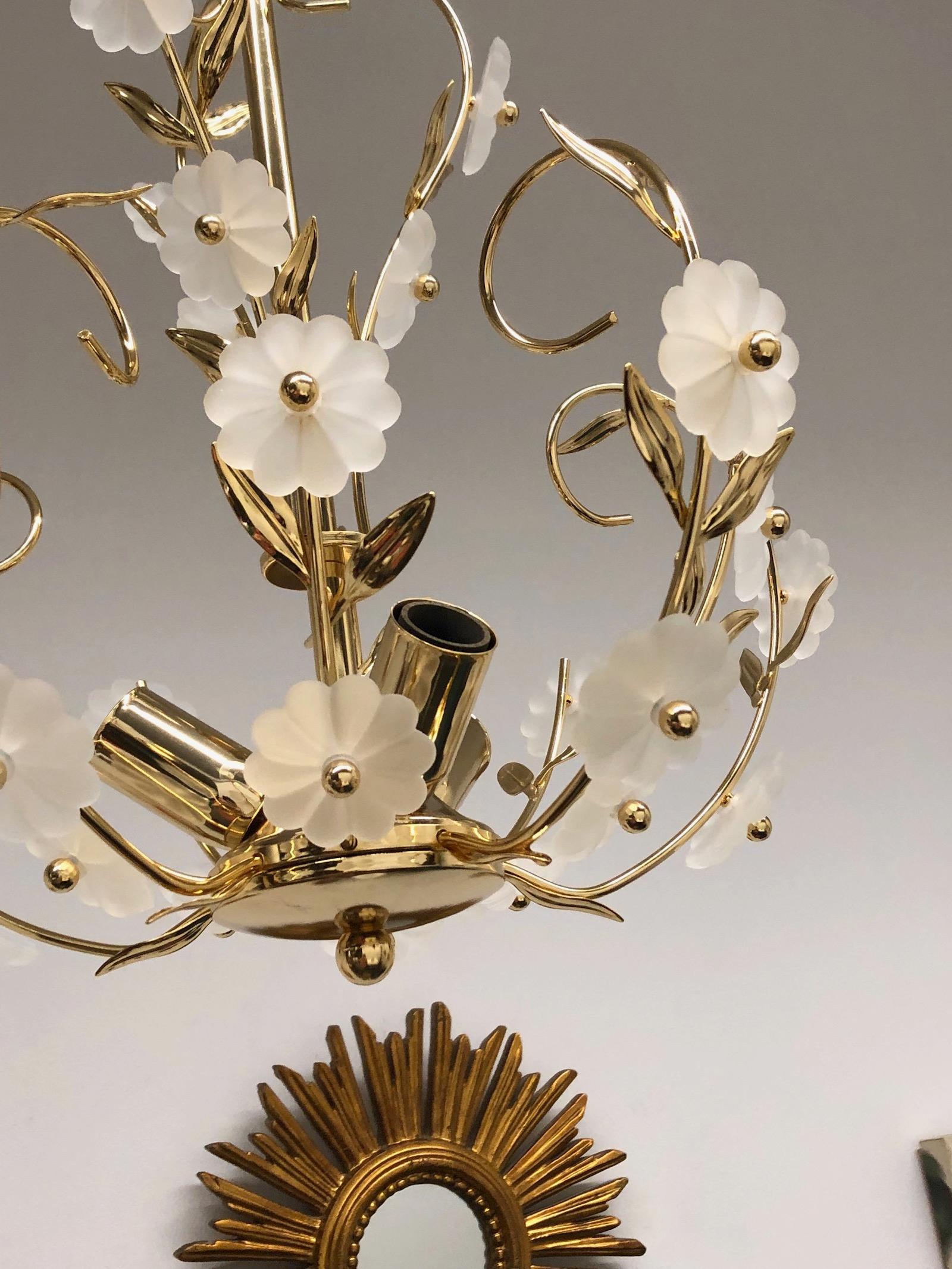 Hollywood Regency Beautiful Glass Flowers and Brass Chandelier, Soelken Leuchten, Germany, 1960s