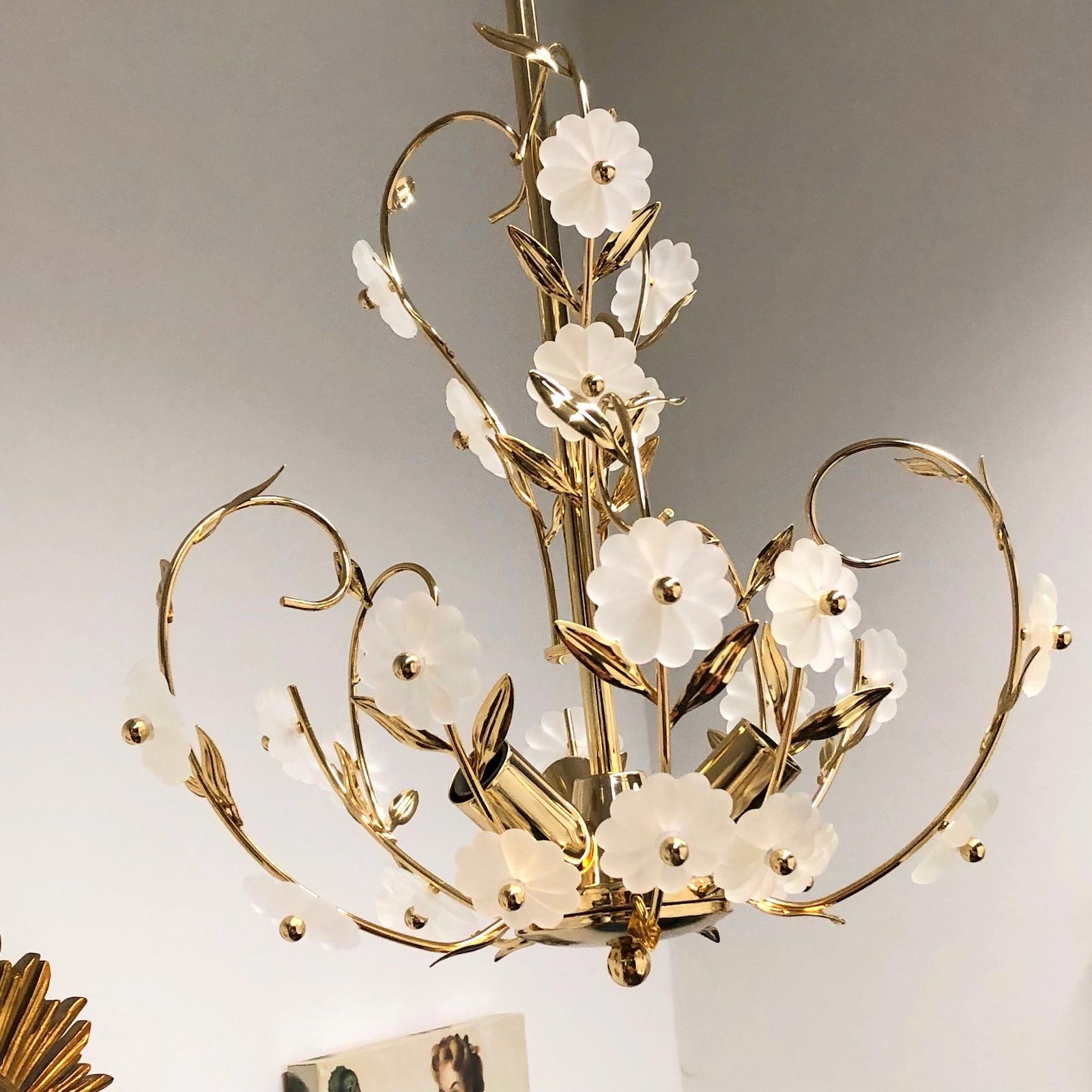 Metal Beautiful Glass Flowers and Brass Chandelier, Soelken Leuchten, Germany, 1960s