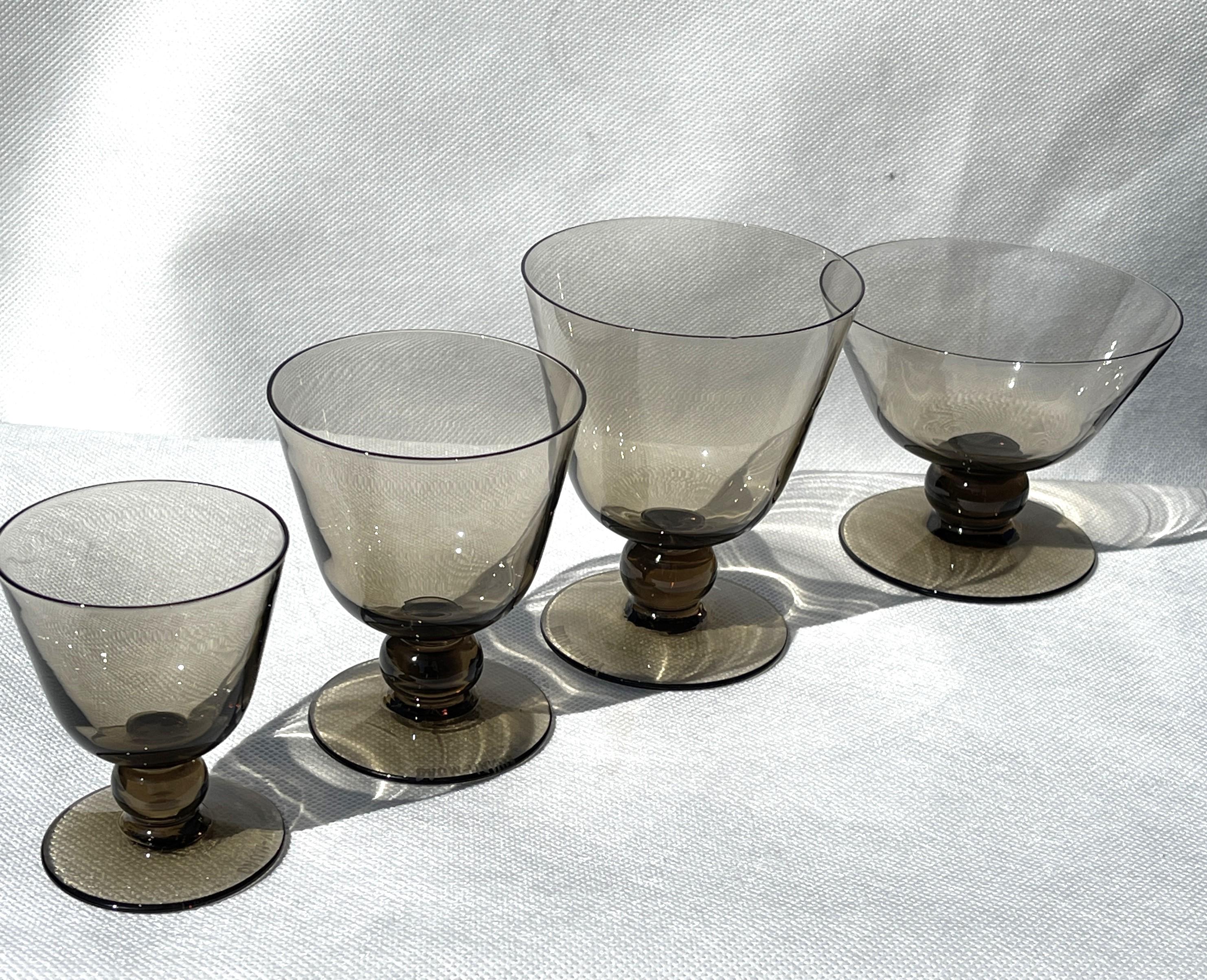 French Beautiful glasses set ART DECO signed Daum Nancy smoked glass 36 piece, 1930s For Sale