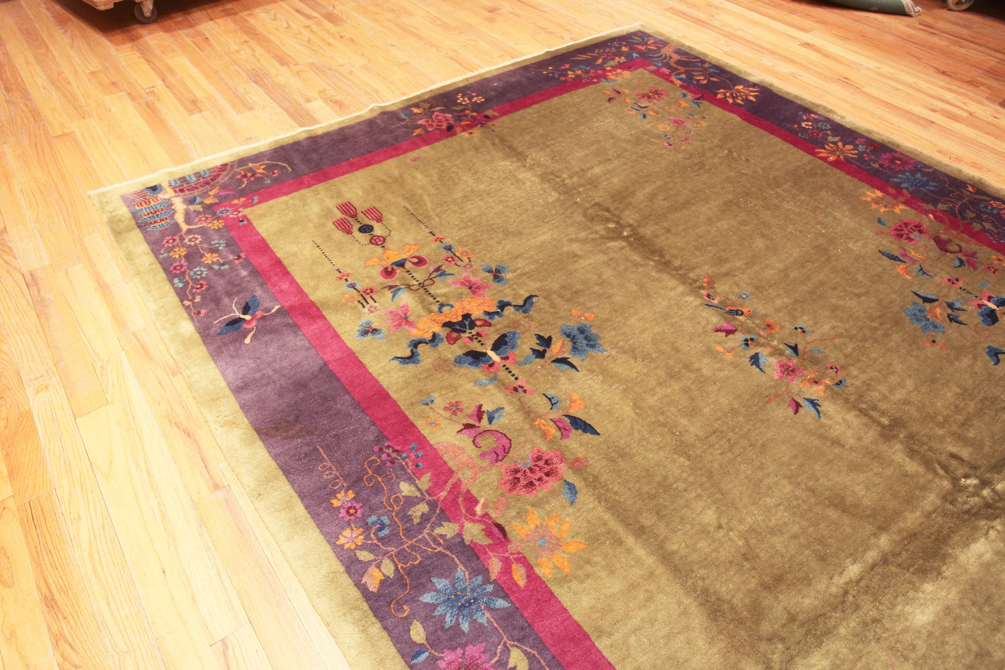Hand-Knotted Beautiful Gold Background Antique Chinese Art Deco Room Size Rug 9' x 11'6