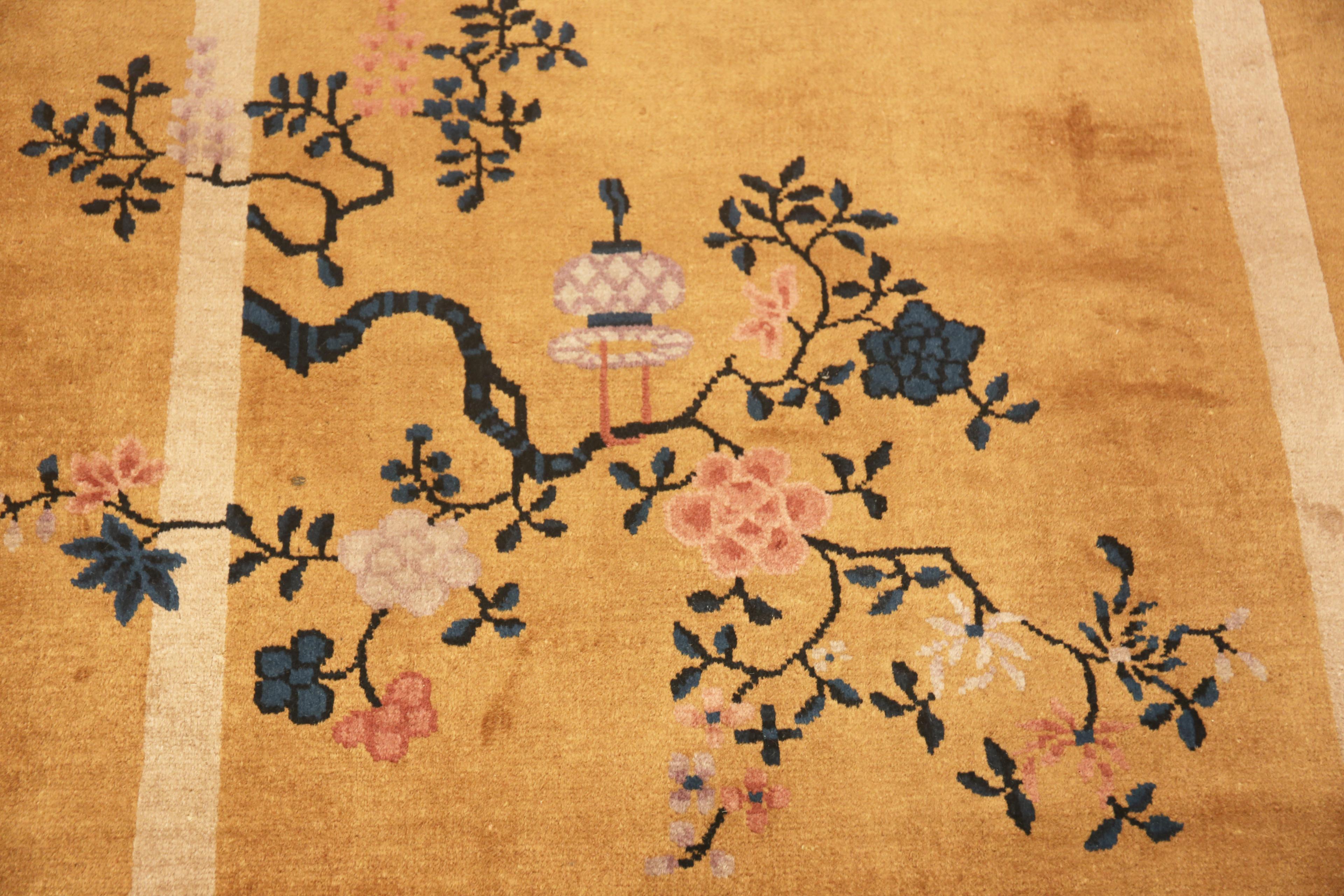 Wool Beautiful Gold Color Antique Chinese Art Deco Rug 4' x 6'10
