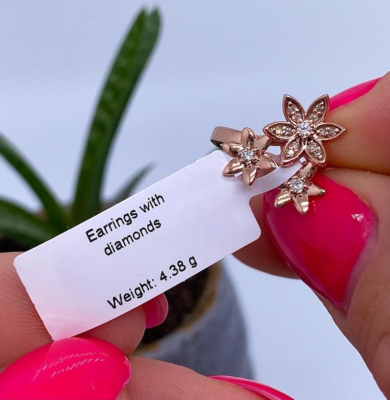 Beautiful Gold Earrings with Natural Diamonds, 14 Karat Rose Gold In New Condition For Sale In Daugavpils, LV