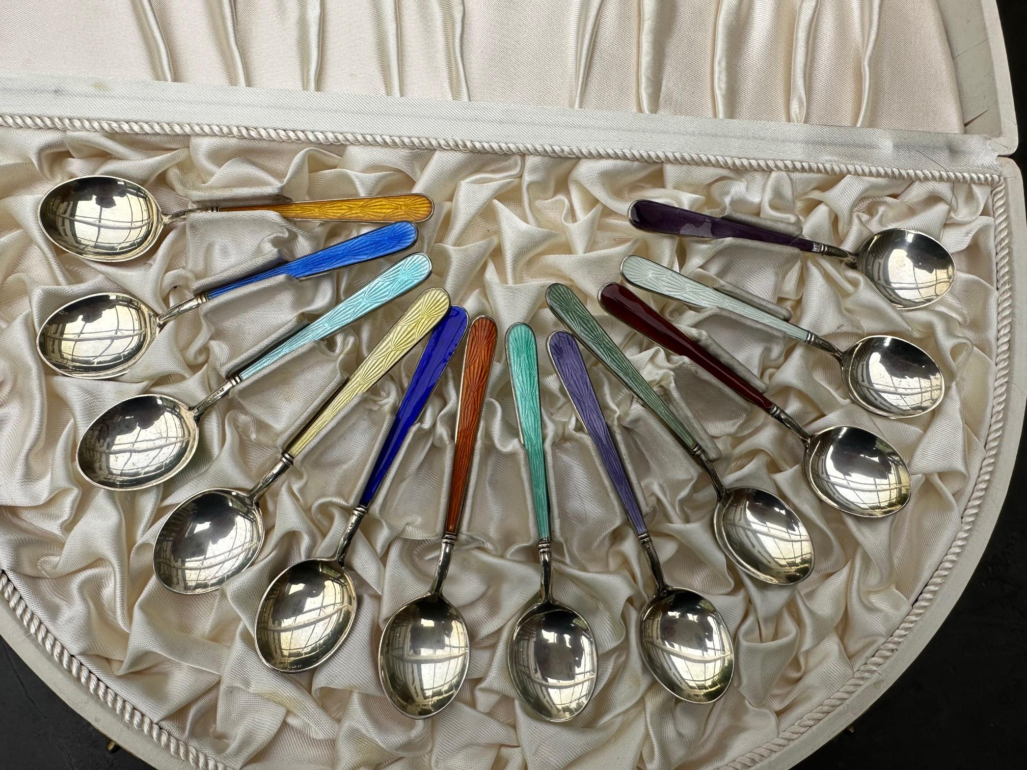 Tillander gold plated silver mocha spoons with enamel coding (length 10 cm).  These are the most beautiful mocha / coffee spoons available.  Beautiful workmanship by Tillander Jewelry Company which used to be a supplier for the Russian Imperial
