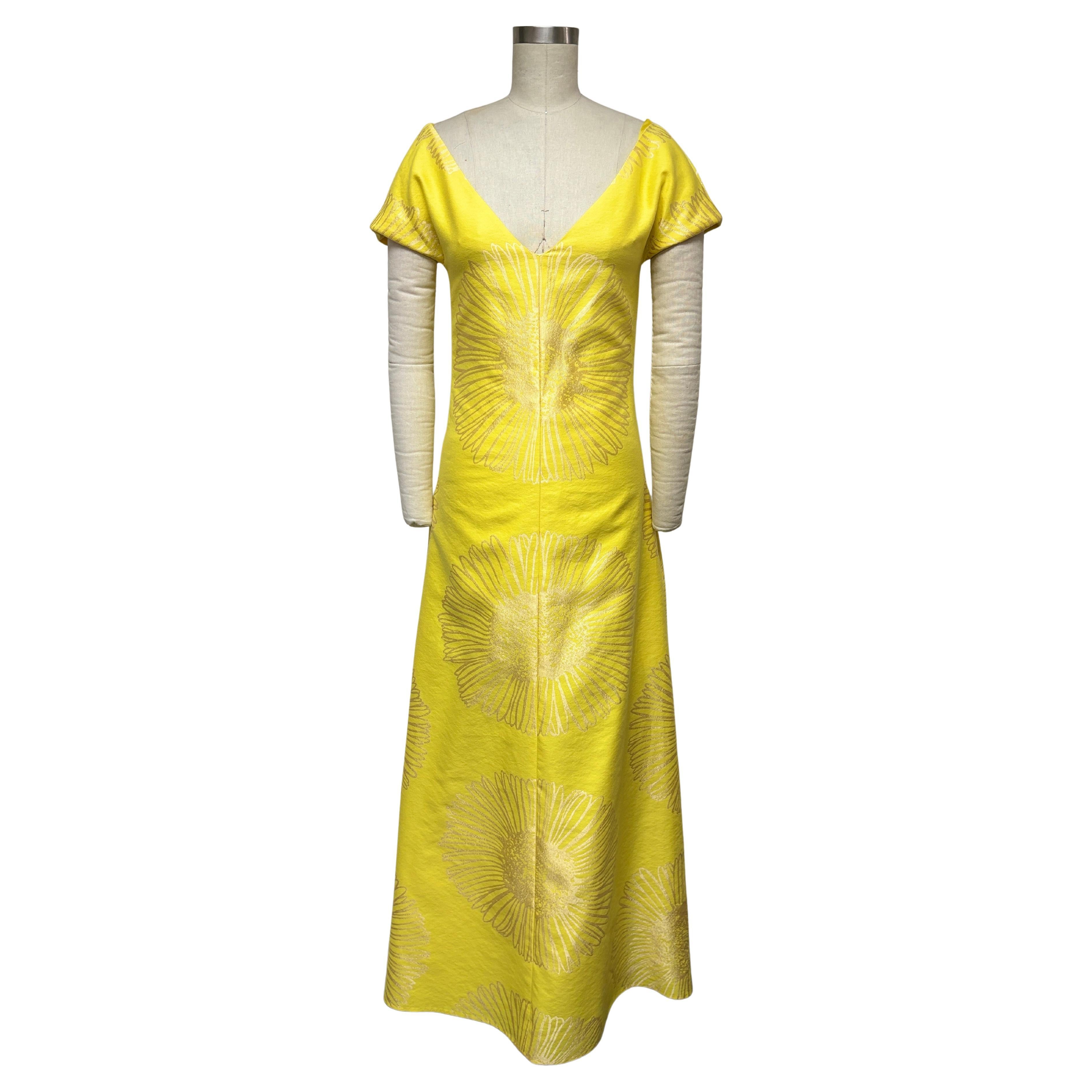 Maxi Vestido de Manga Corta en V y Línea A de Algodón Amarillo Limón y Dorado Sunny