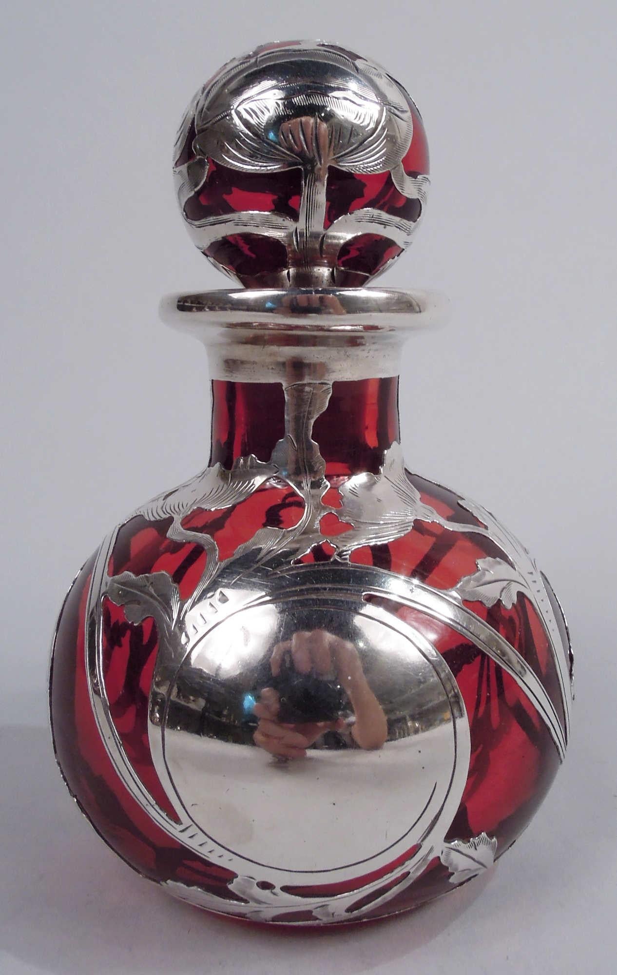 American Beautiful Gorham Art Nouveau Classical Red Silver Overlay Perfume For Sale