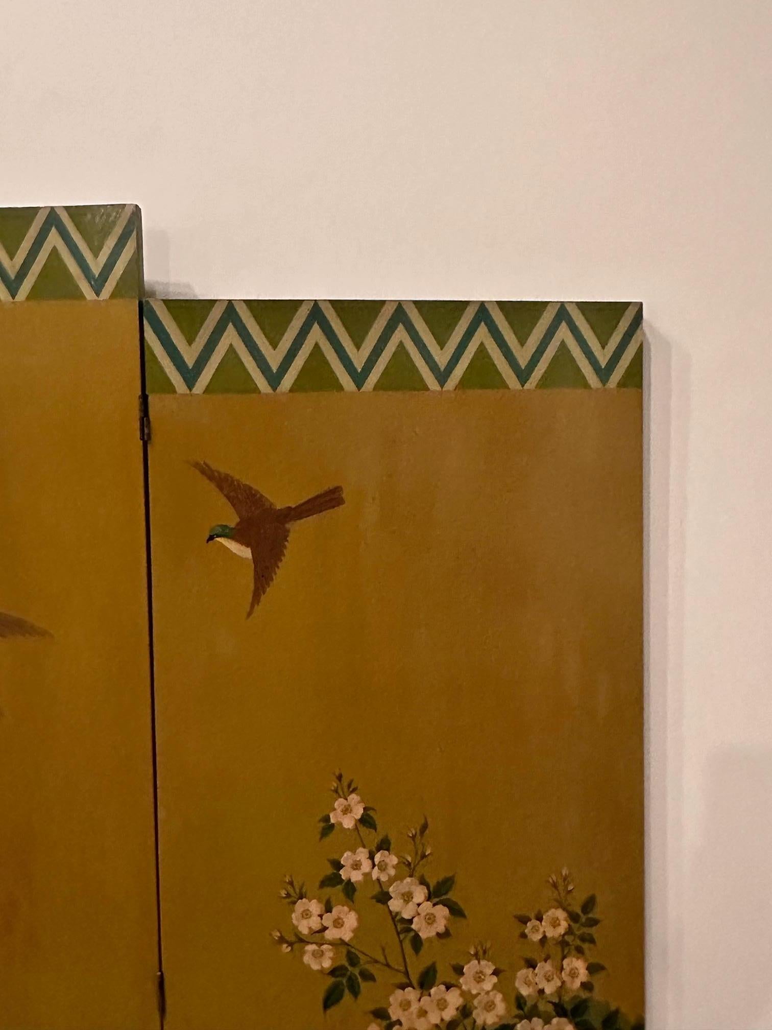 Beautiful Graduated 3 Panel Hand Painted Screen with Asian Motif For Sale 5