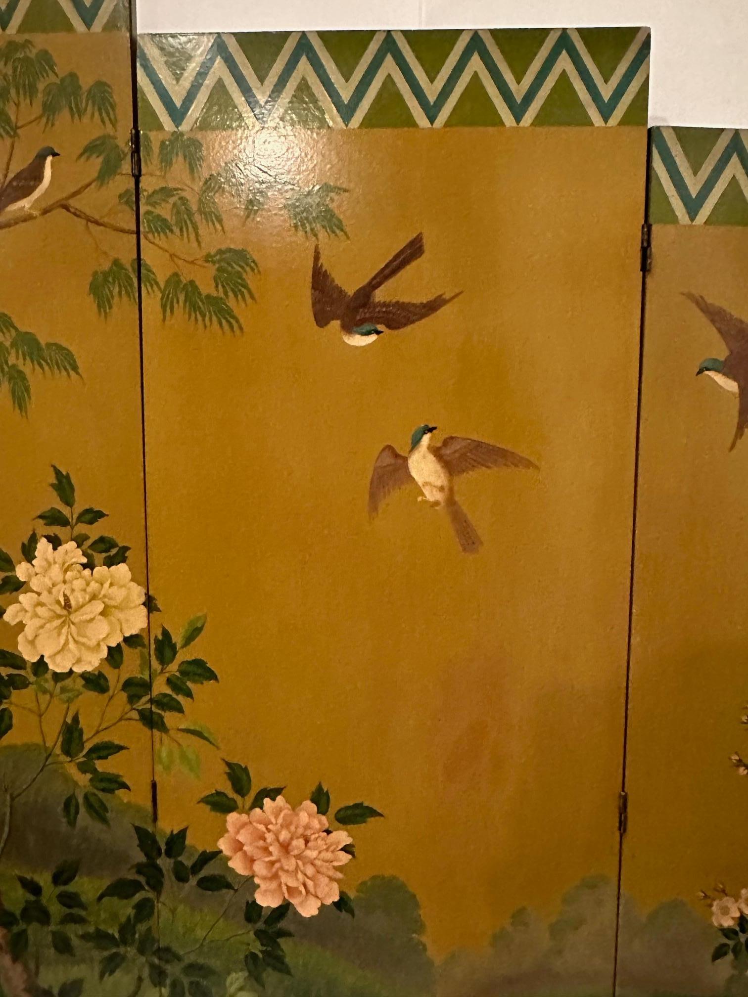 Beautiful Graduated 3 Panel Hand Painted Screen with Asian Motif For Sale 7
