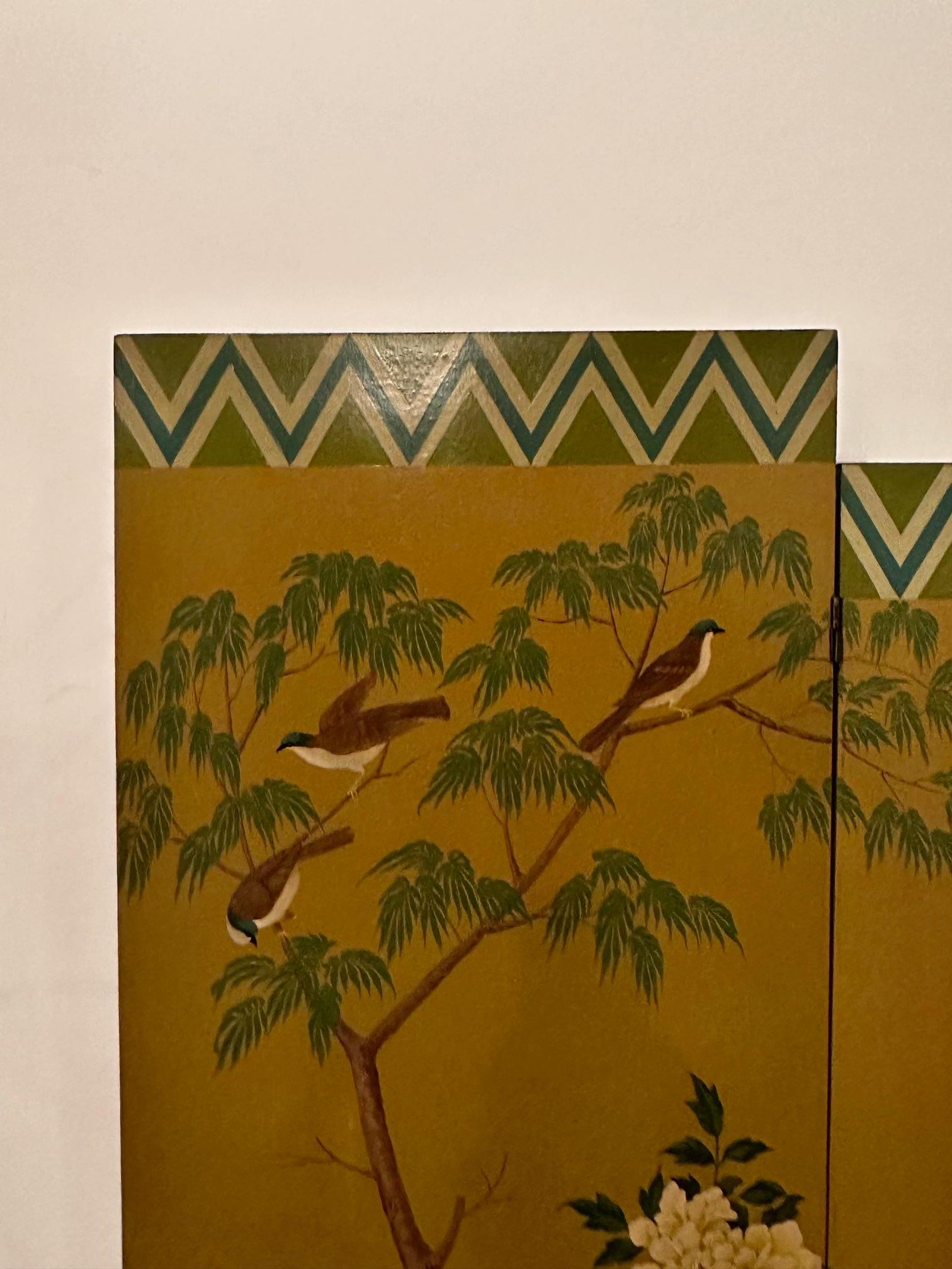Beautiful Graduated 3 Panel Hand Painted Screen with Asian Motif For Sale 8
