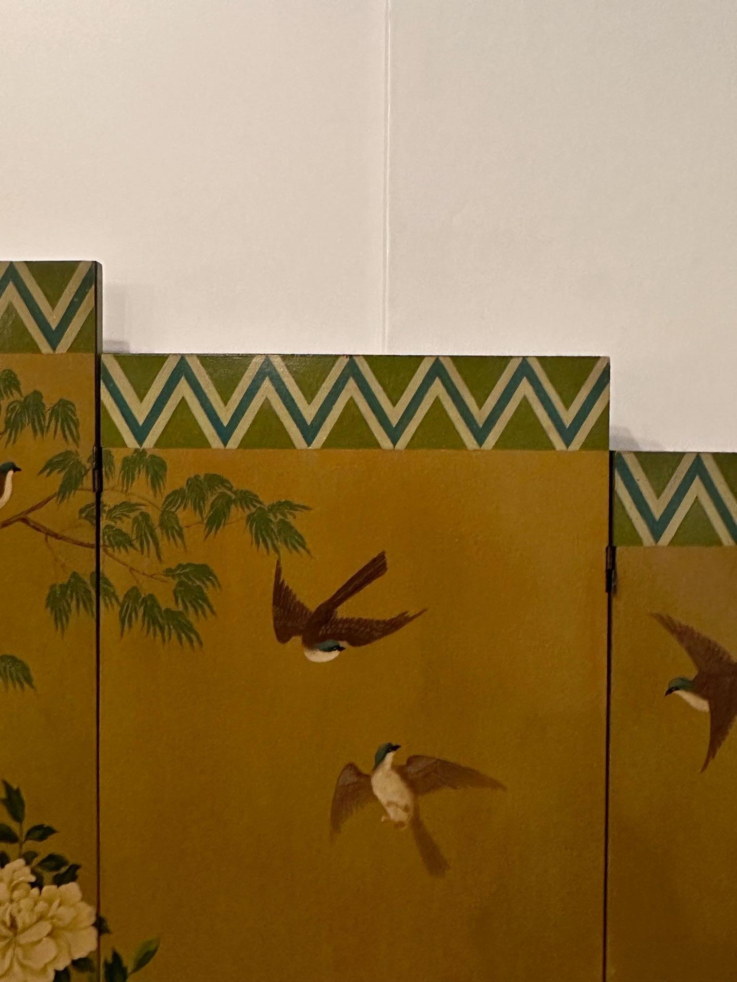 Beautiful Graduated 3 Panel Hand Painted Screen with Asian Motif For Sale 12