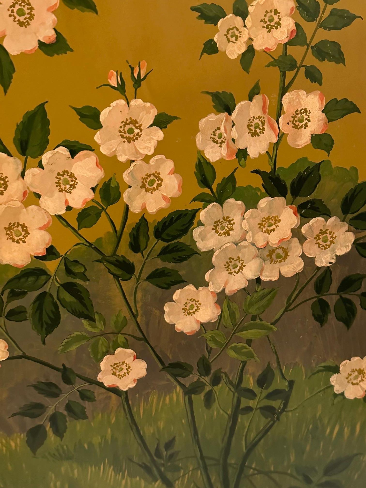 Beautiful hand painted Deco style 3 panel screen having an Asian motif with mustard background and birds, trees and flowers in pink, cream, blue and green.  The top of the screen has an art deco geometric pattern.
72h x 21.5w
2nd panel 68 h
3rd