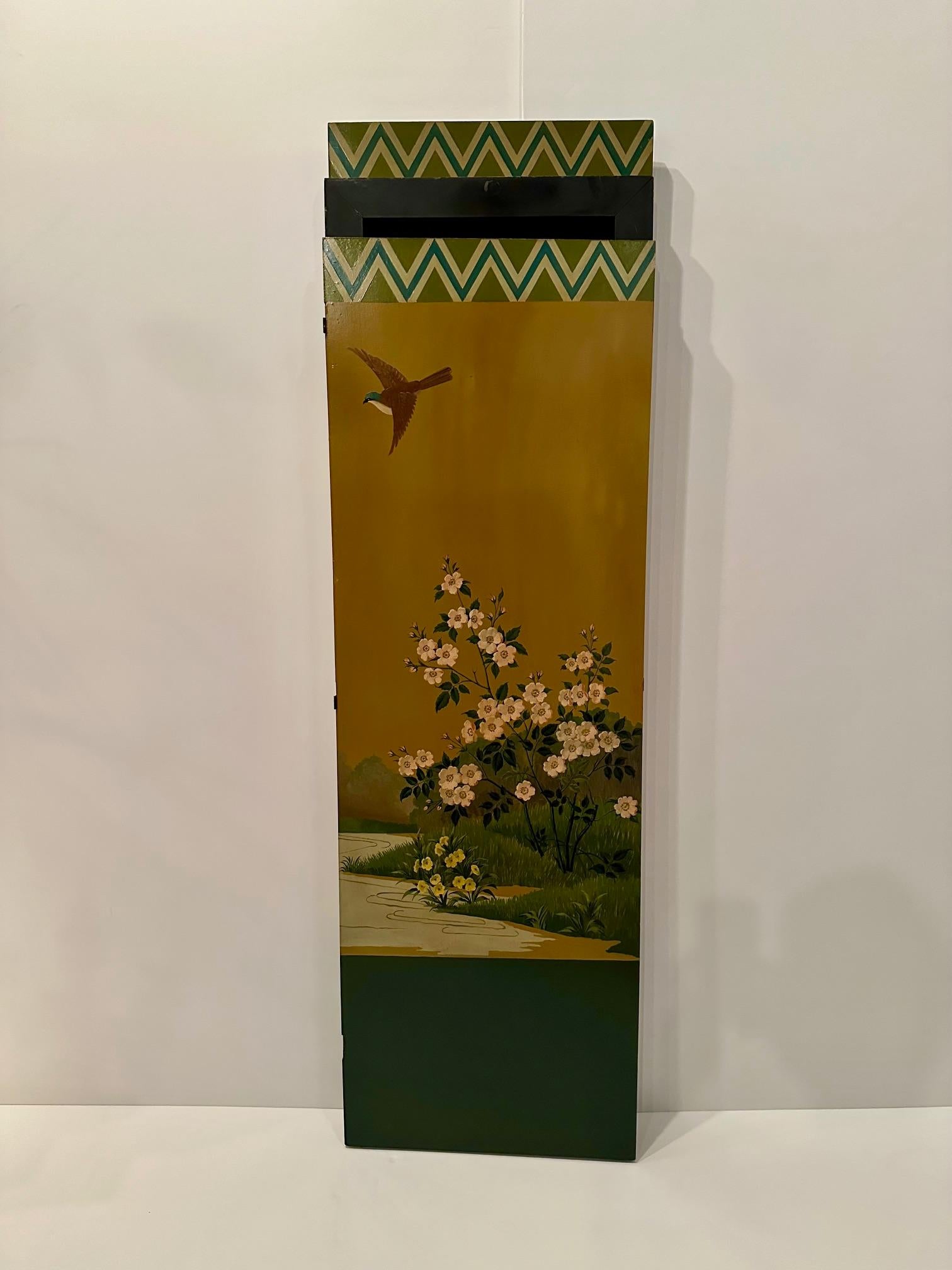 Art Deco Beautiful Graduated 3 Panel Hand Painted Screen with Asian Motif For Sale