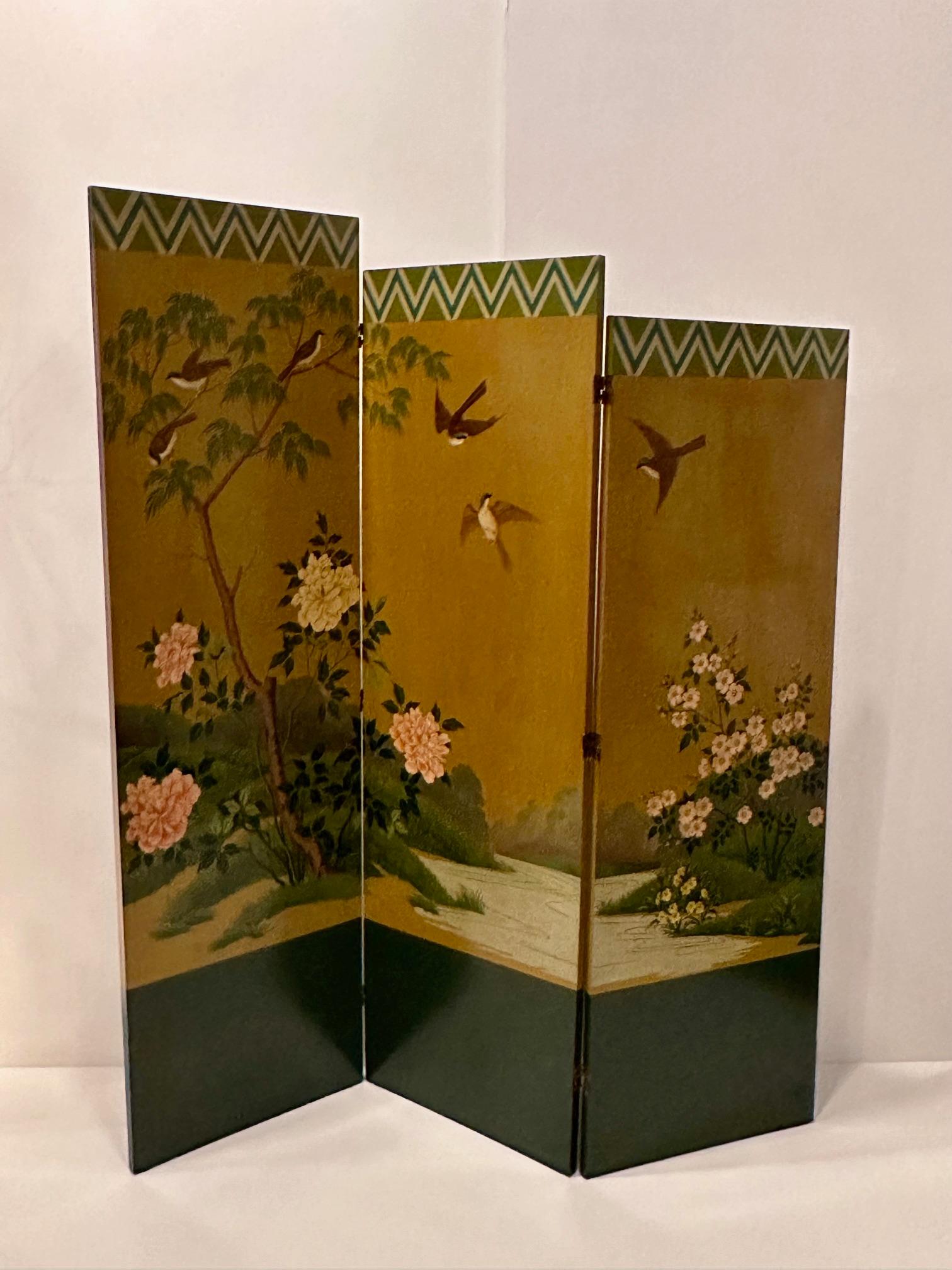 American Beautiful Graduated 3 Panel Hand Painted Screen with Asian Motif For Sale