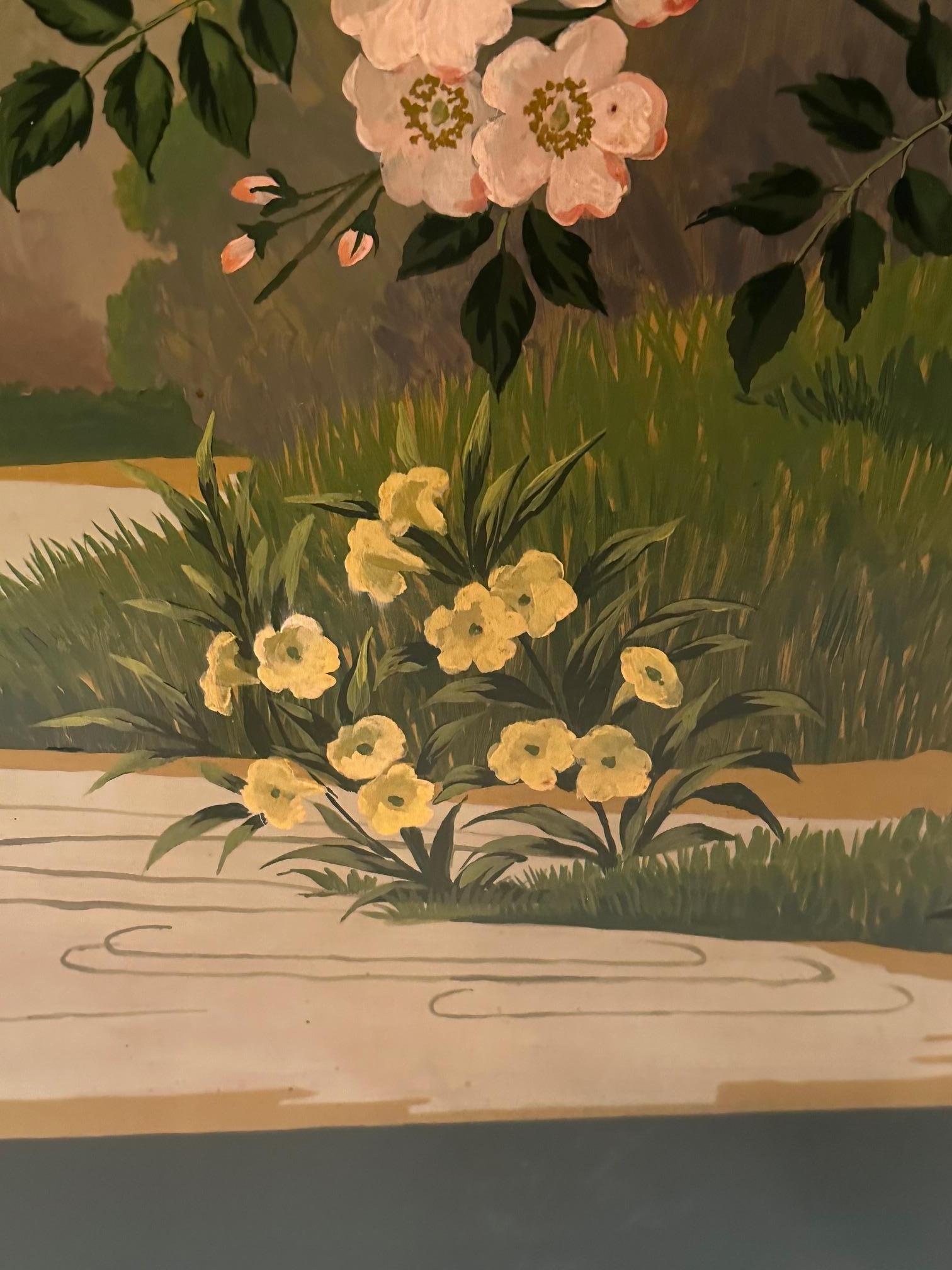 Beautiful Graduated 3 Panel Hand Painted Screen with Asian Motif In Good Condition For Sale In Hopewell, NJ
